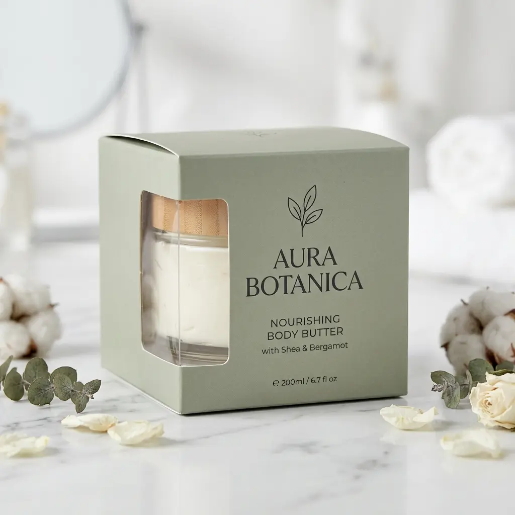 Sage green cosmetic packaging box displaying Aura Botanica nourishing body butter with shea and bergamot on marble surface