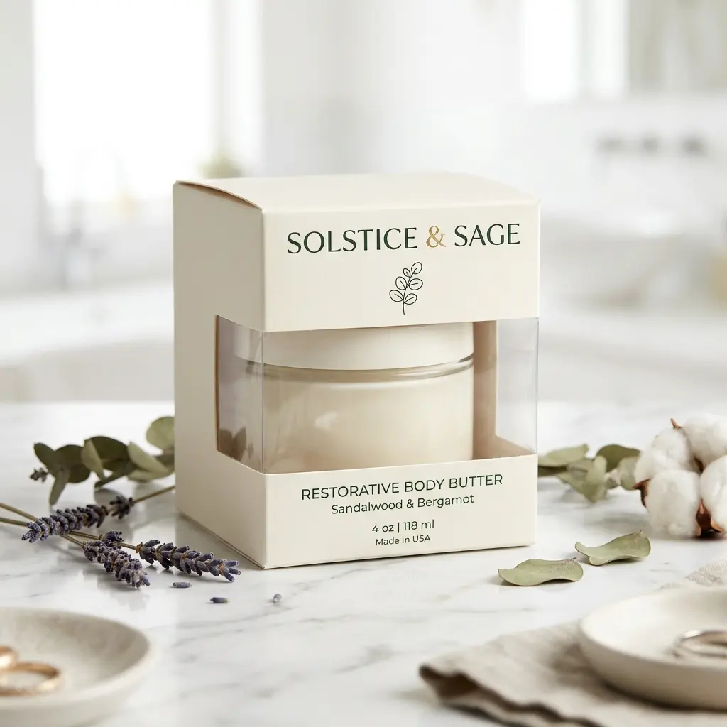 Luxury skincare packaging design for Solstice & Sage restorative body butter with sandalwood bergamot, cream box with lavender eucalyptus on marble...