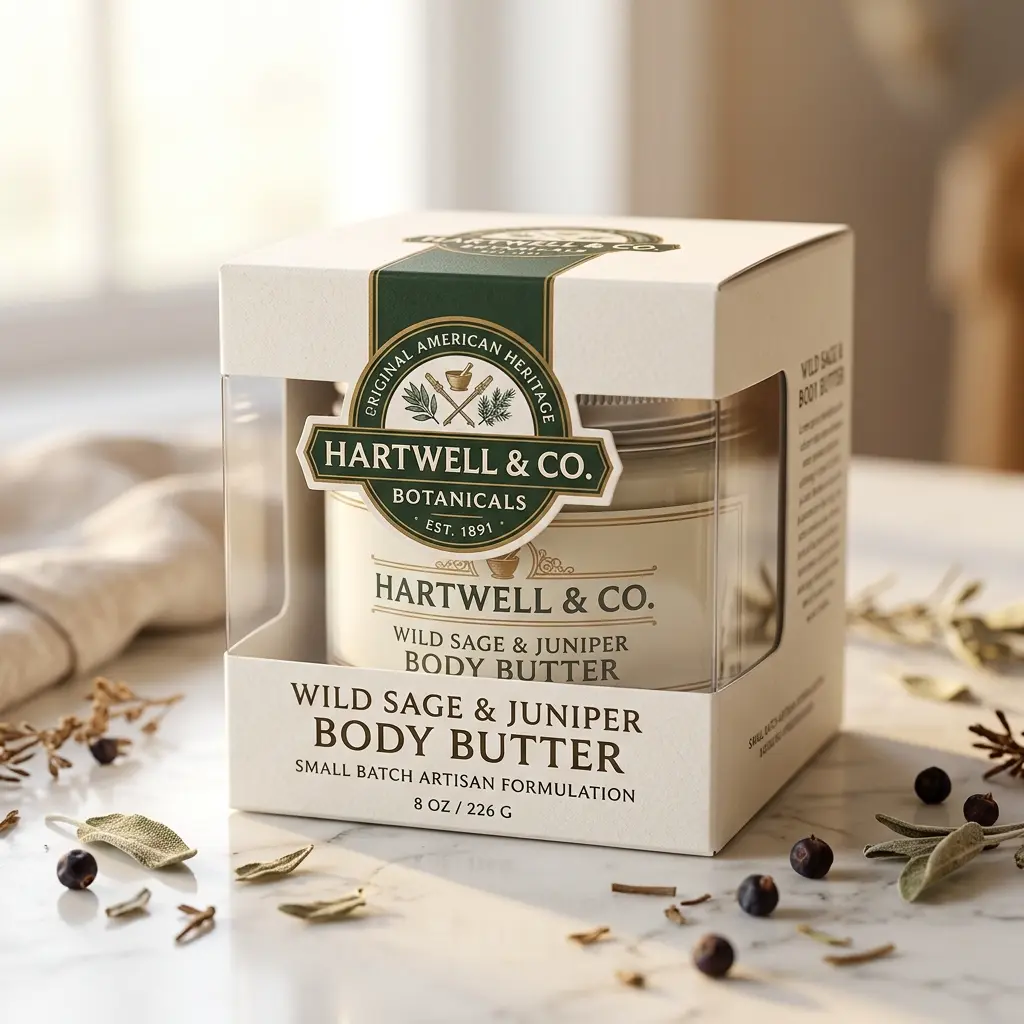 Hartwell & Co botanical body butter packaging with wild sage and juniper berries on white marble surface in natural lighting
