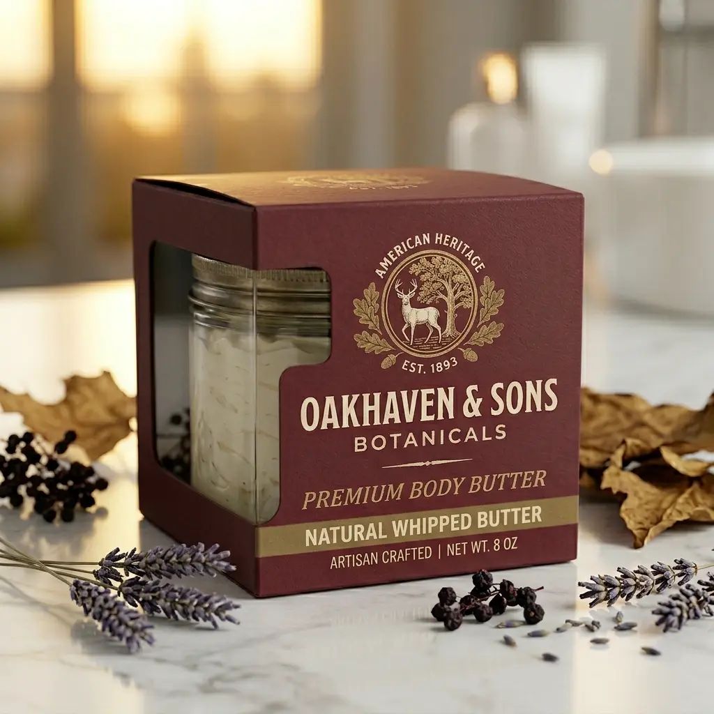 Oakhaven & Sons premium body butter in burgundy packaging with glass jar, surrounded by lavender sprigs and autumn leaves on marble surface