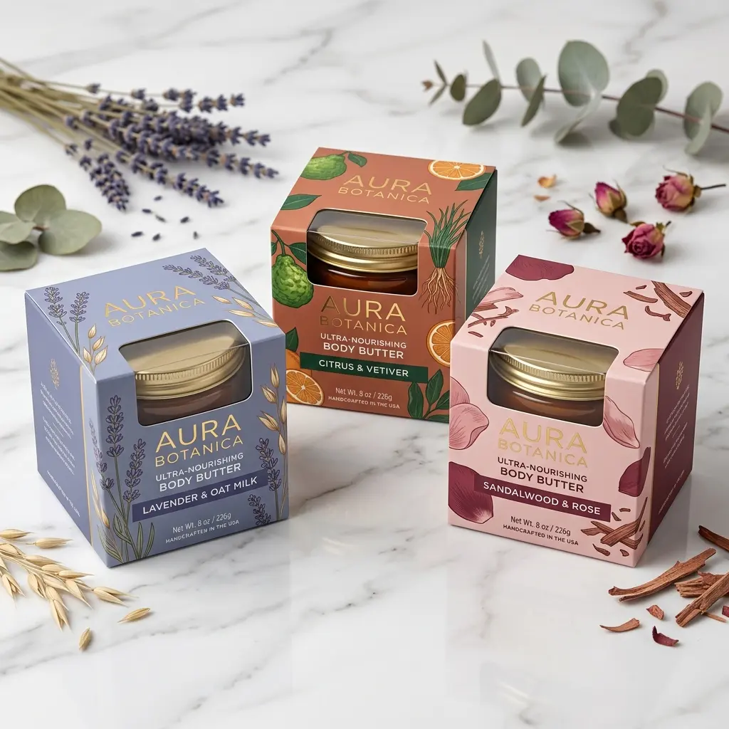 Three Aura Botanica body butter boxes in lavender, orange, and pink packaging on white marble with dried flowers and botanical elements