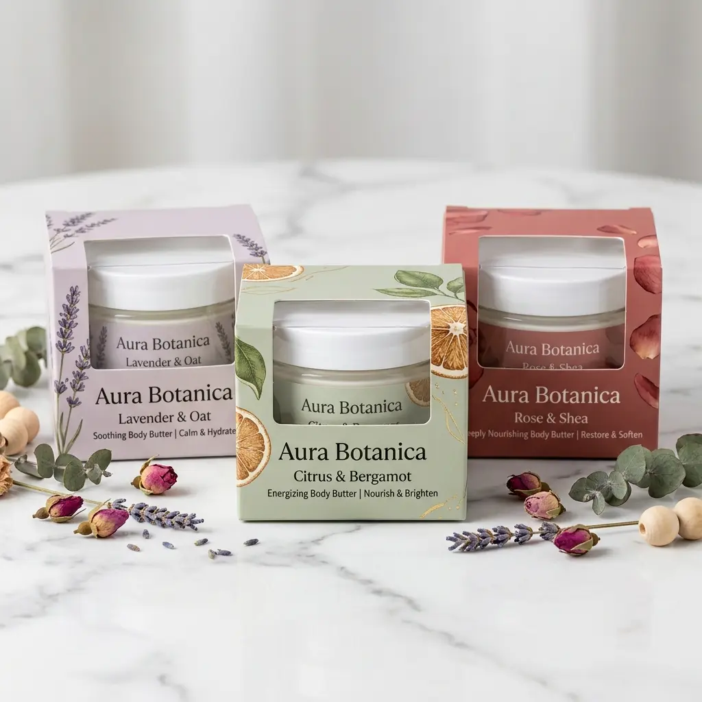 Three Aura Botanica body butter jars in lavender, citrus bergamot, and rose shea packaging on white marble with dried flowers and eucalyptus