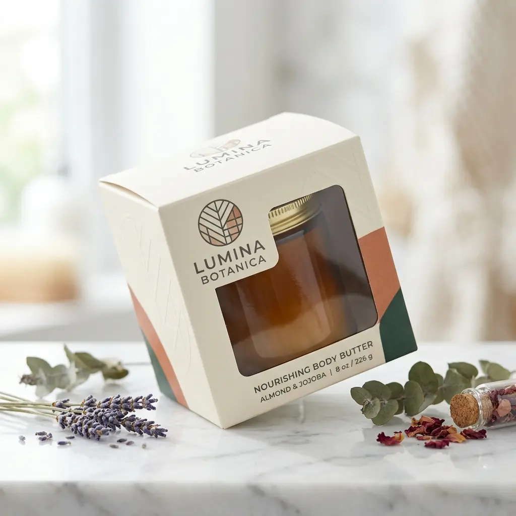 Lumina Botanica nourishing body butter packaging box with amber jar visible through window, surrounded by lavender and eucalyptus on white marble s...