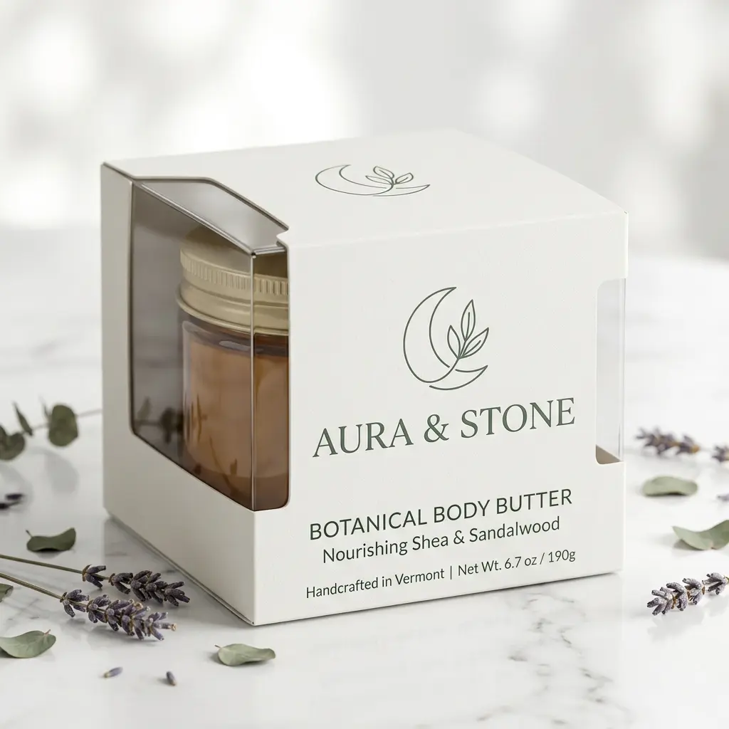 Aura & Stone botanical body butter packaging with clear window showing amber jar, surrounded by lavender sprigs and eucalyptus leaves on white marb...