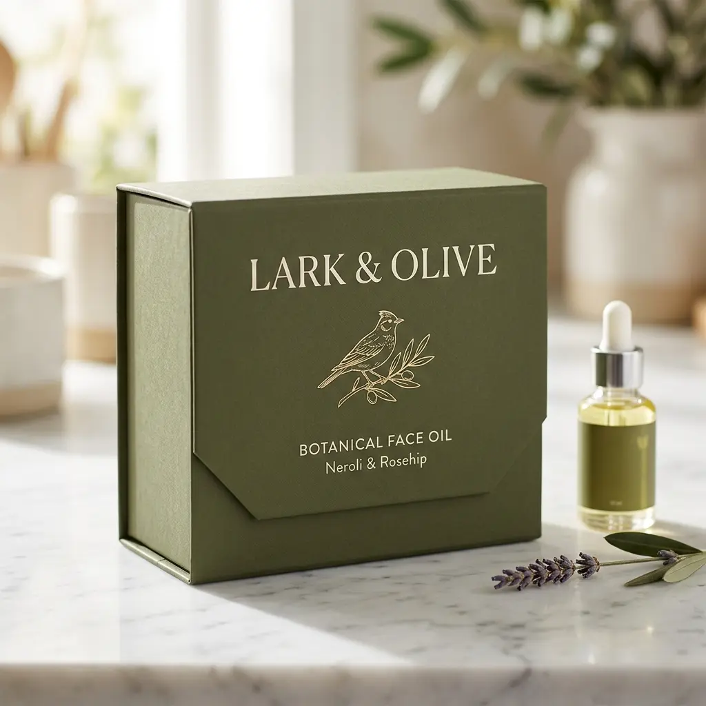Luxury green botanical face oil packaging box with dropper bottle, featuring Lark & Olive branding and bird logo on marble surface