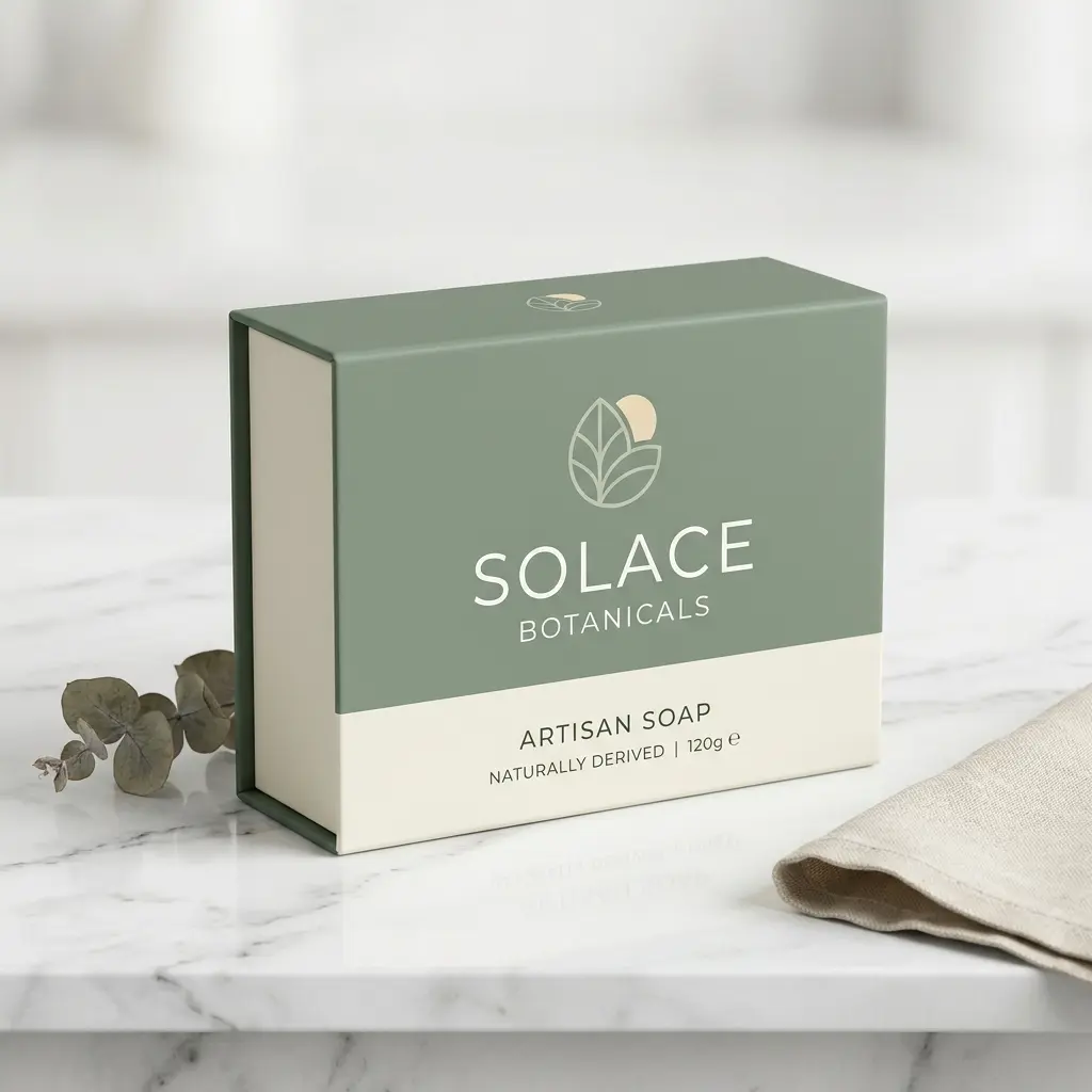 Sage green Solace Botanicals artisan soap packaging box on marble surface with eucalyptus leaves and linen towel