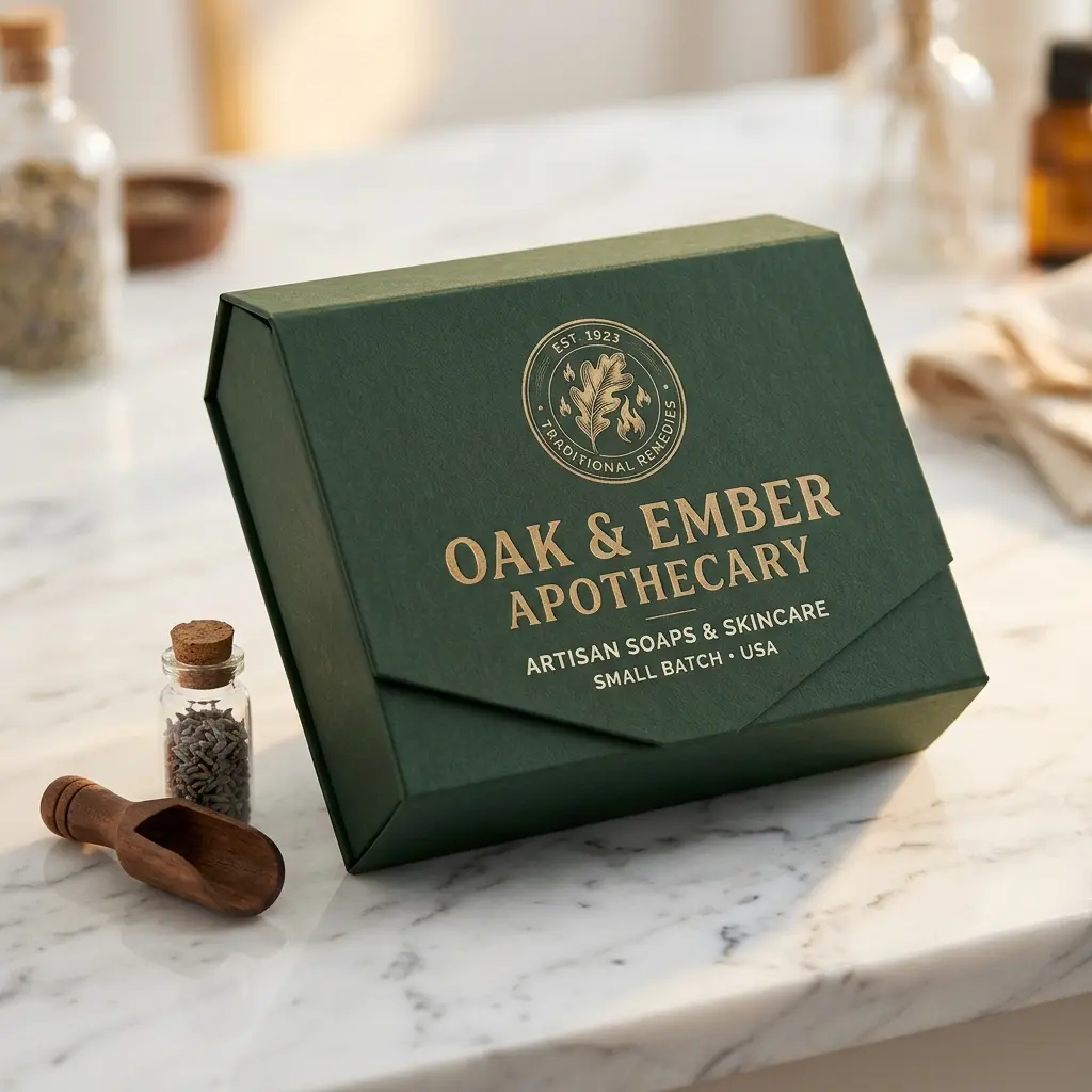 Green luxury apothecary soap packaging box with gold foil lettering on white marble counter with wooden scoops and glass bottles