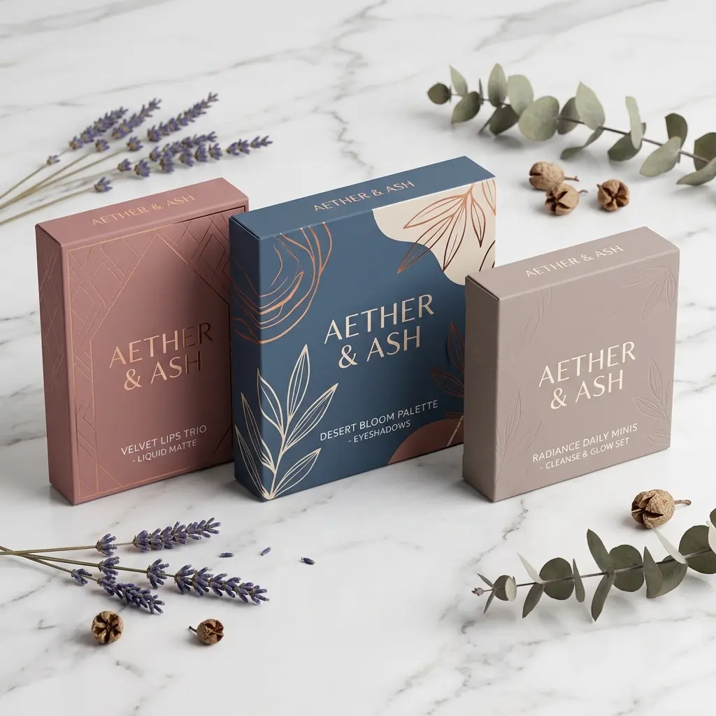 Aether & Ash cosmetic packaging boxes in coral, navy and beige on marble surface with lavender sprigs and eucalyptus leaves
