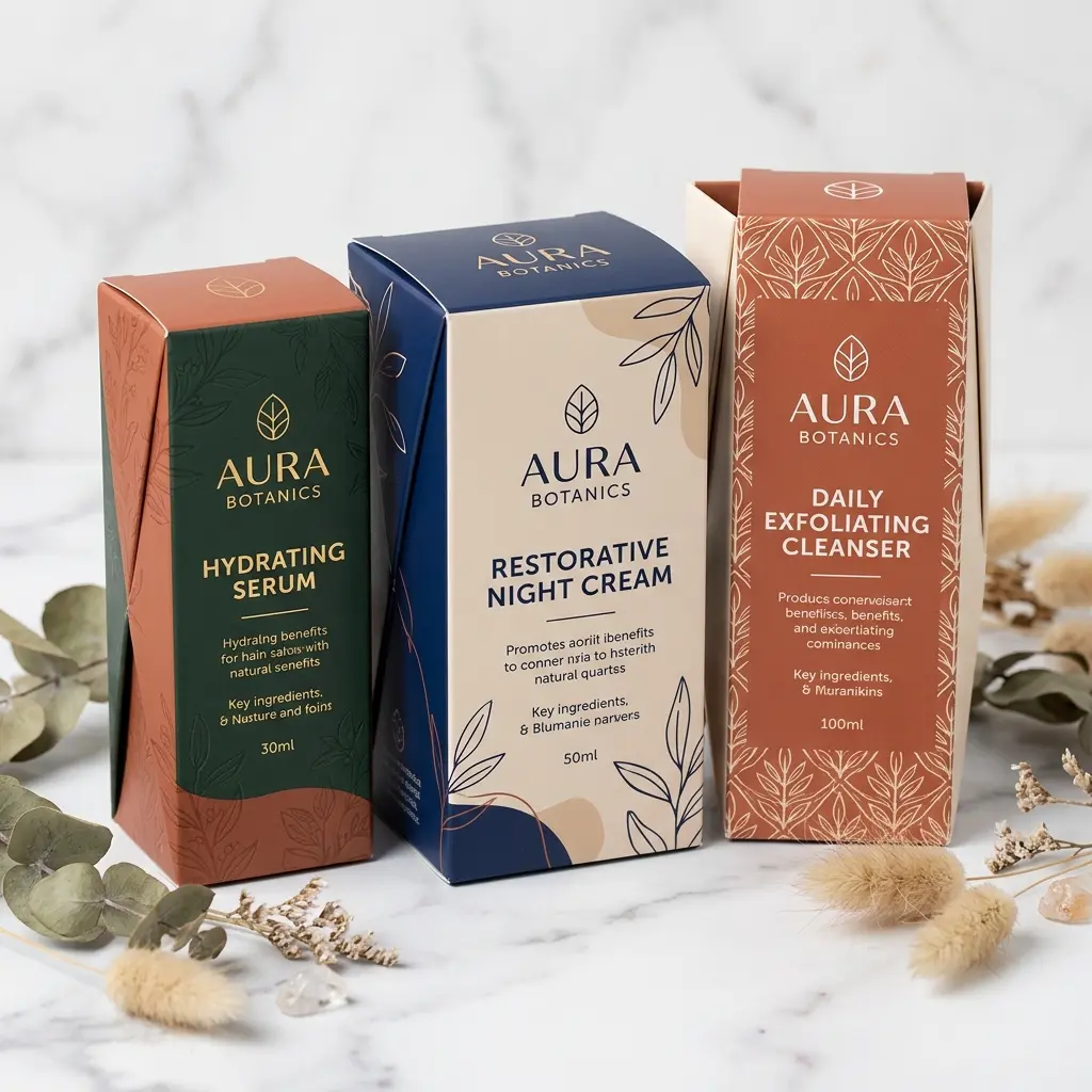 Three AURA Botanics skincare product boxes in green, blue and terracotta colors on marble surface with botanical elements