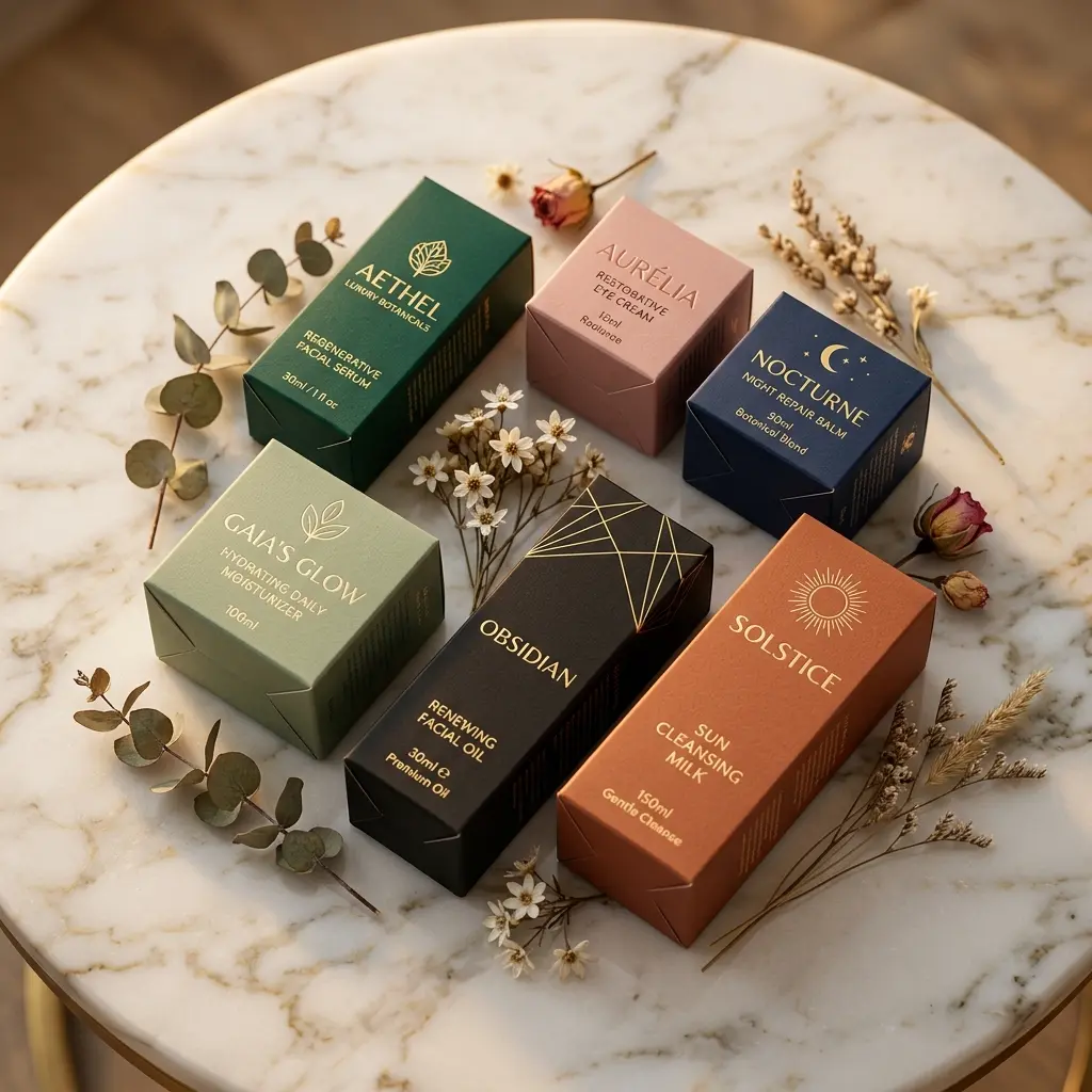 Luxury skincare product boxes in green, pink, navy, sage, black and orange arranged on white marble surface with dried botanicals