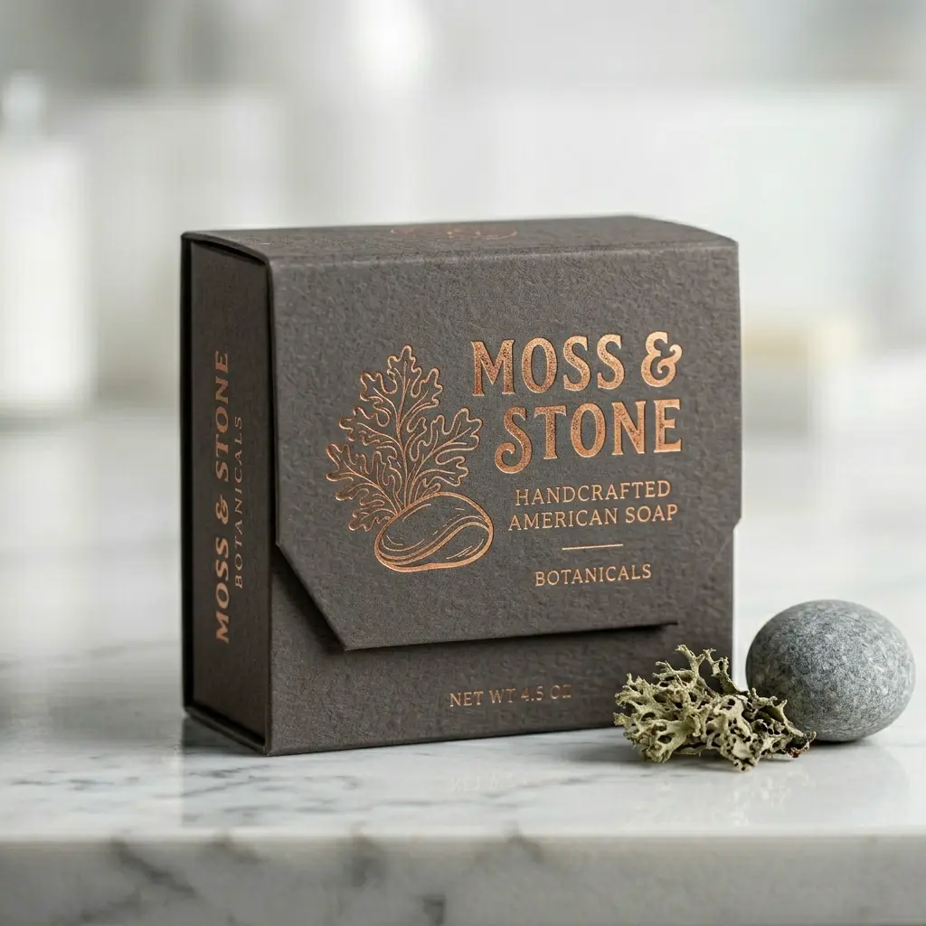 Luxury black soap packaging box with copper foil Moss & Stone branding alongside natural moss and stone elements on marble surface