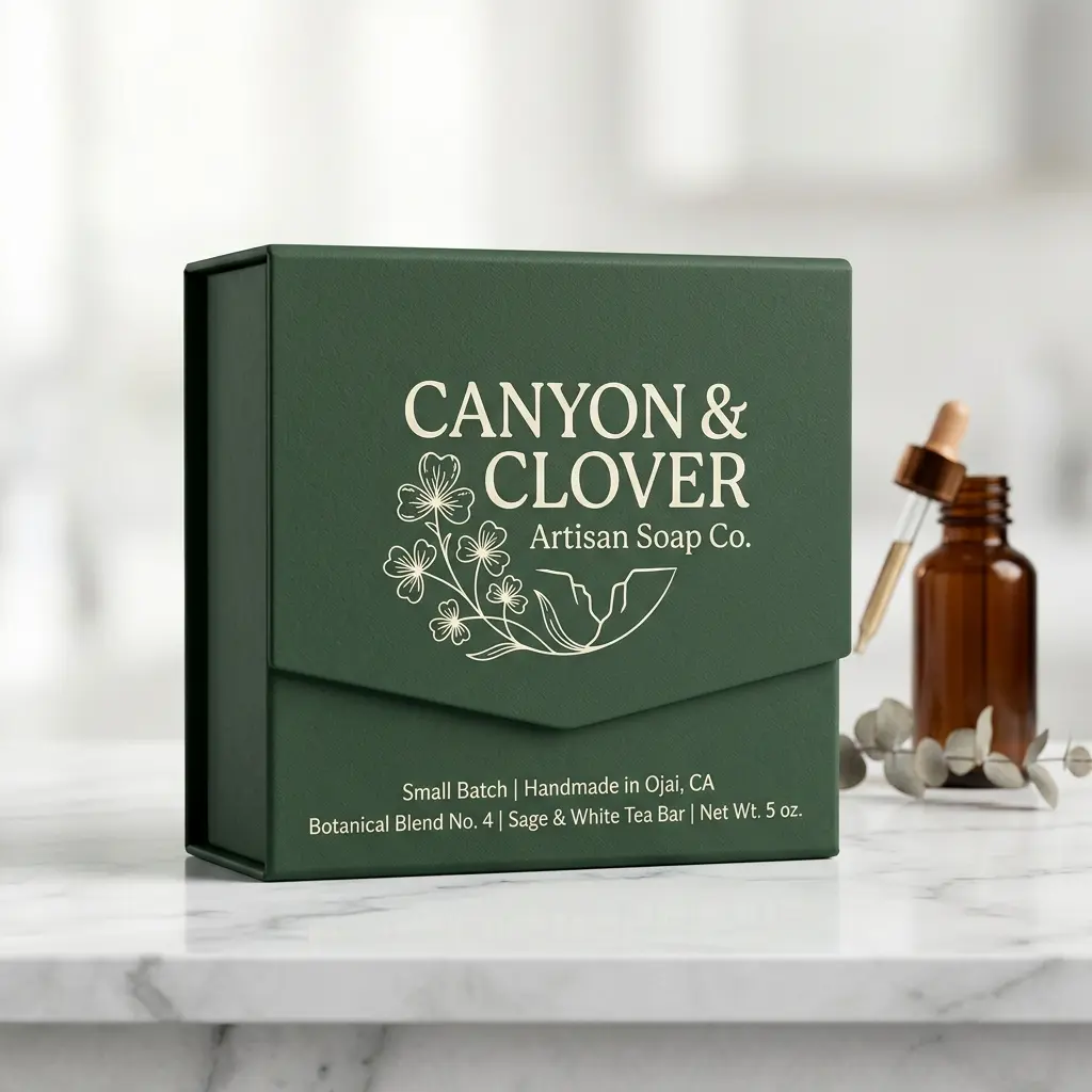 Green artisan soap packaging box for Canyon & Clover botanical soap on white marble surface with amber dropper bottle