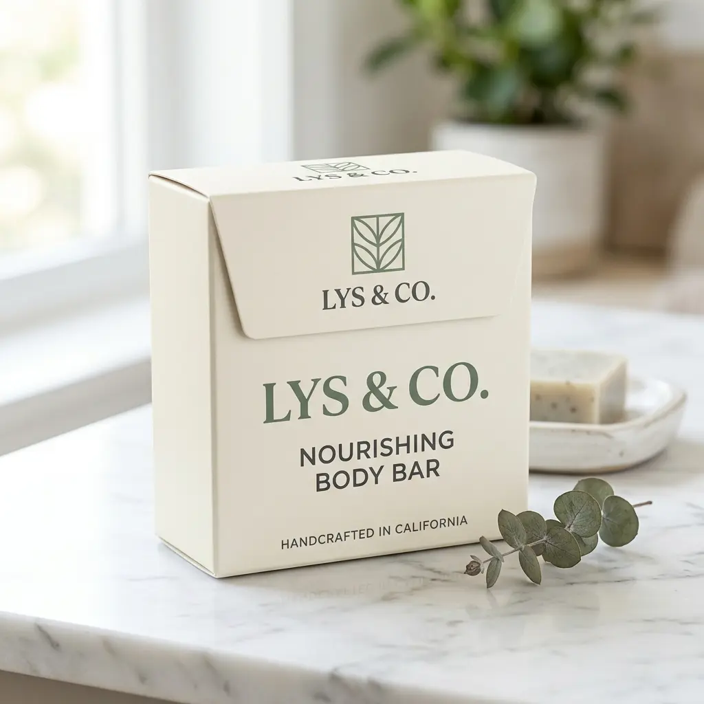 Cream-colored LYS & CO. nourishing body bar packaging box with leaf logo on white marble surface beside eucalyptus sprig