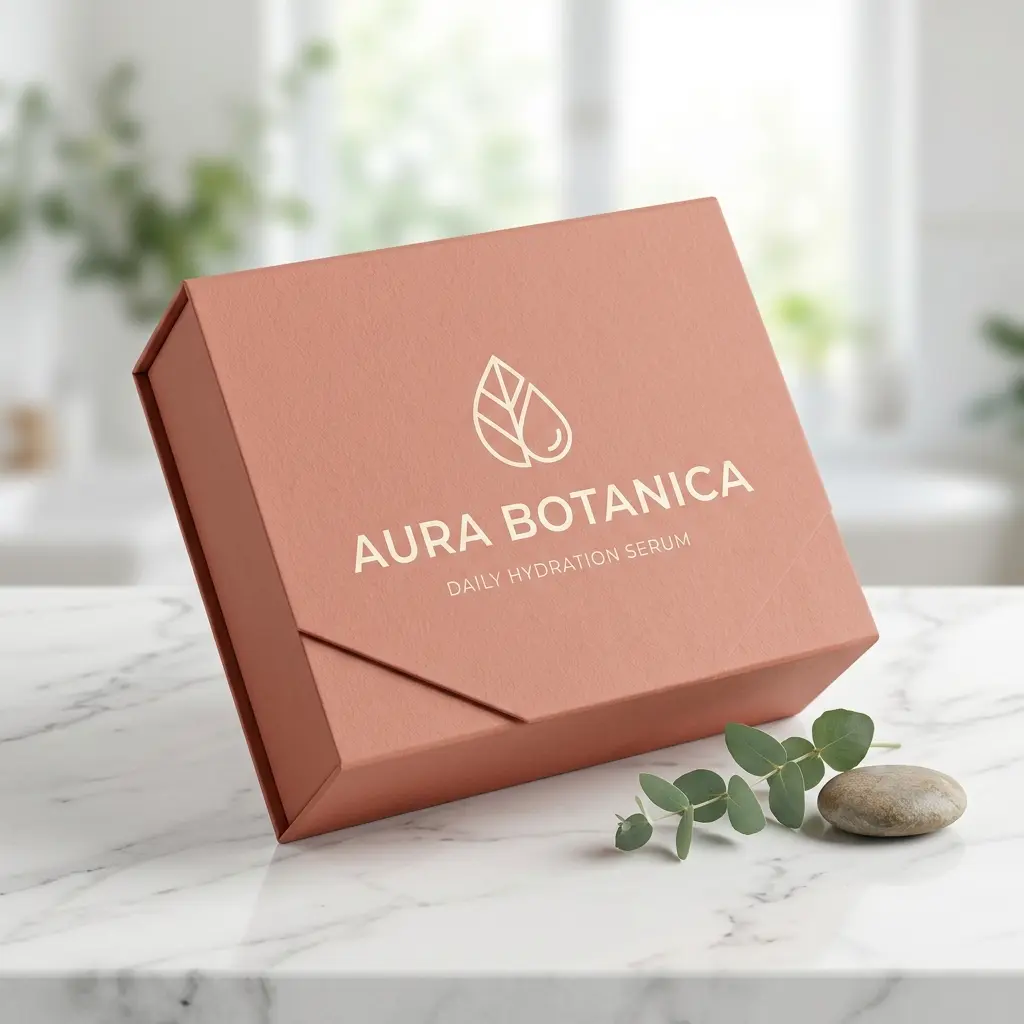 Coral pink Aura Botanica daily hydration serum packaging box on marble surface with eucalyptus leaves and spa stone