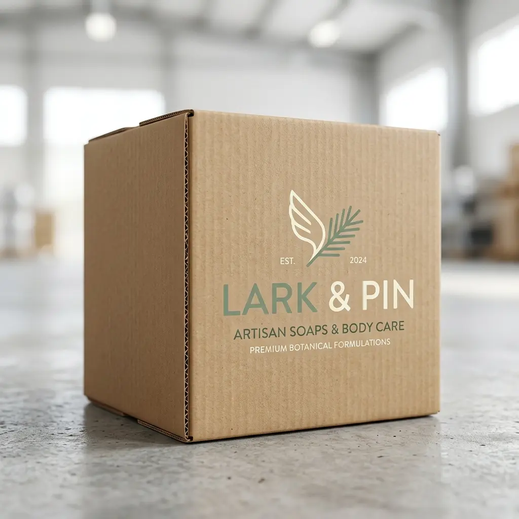 Brown cardboard packaging box for Lark & Pin artisan soaps with botanical leaf logo on concrete surface in warehouse setting