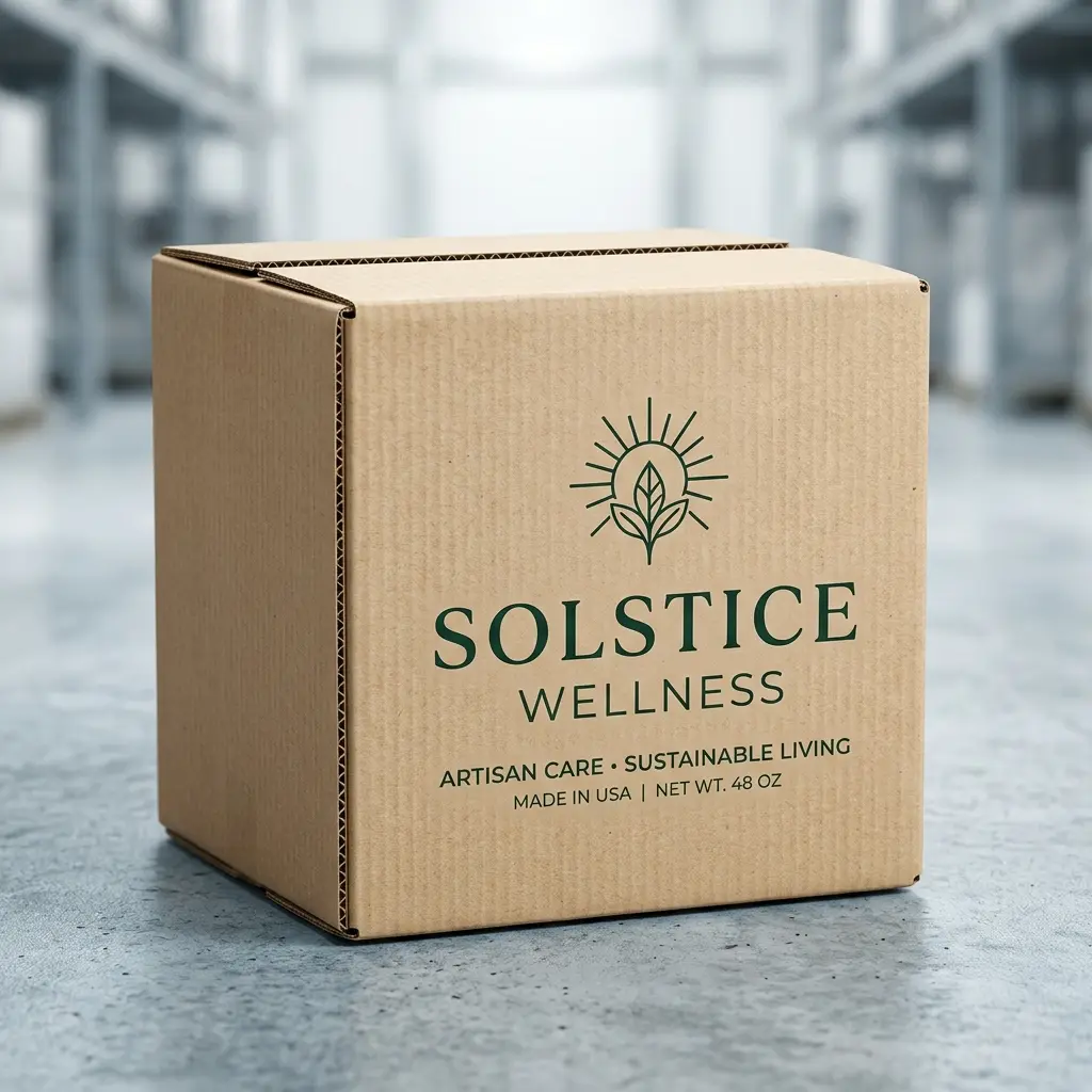 Brown cardboard shipping box with Solstice Wellness sustainable living branding on warehouse floor with blurred industrial background