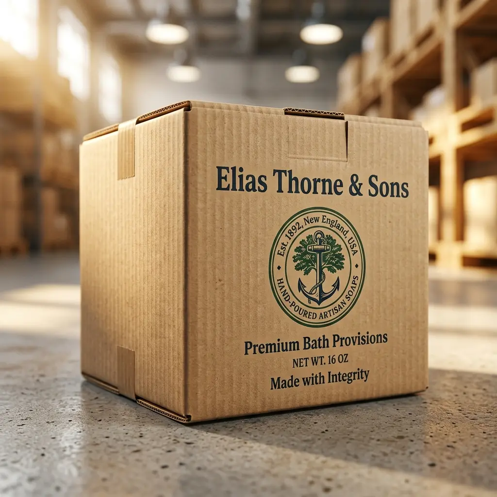 Cardboard shipping box labeled Elias Thorne & Sons Premium Bath Provisions in warehouse with wooden pallets background
