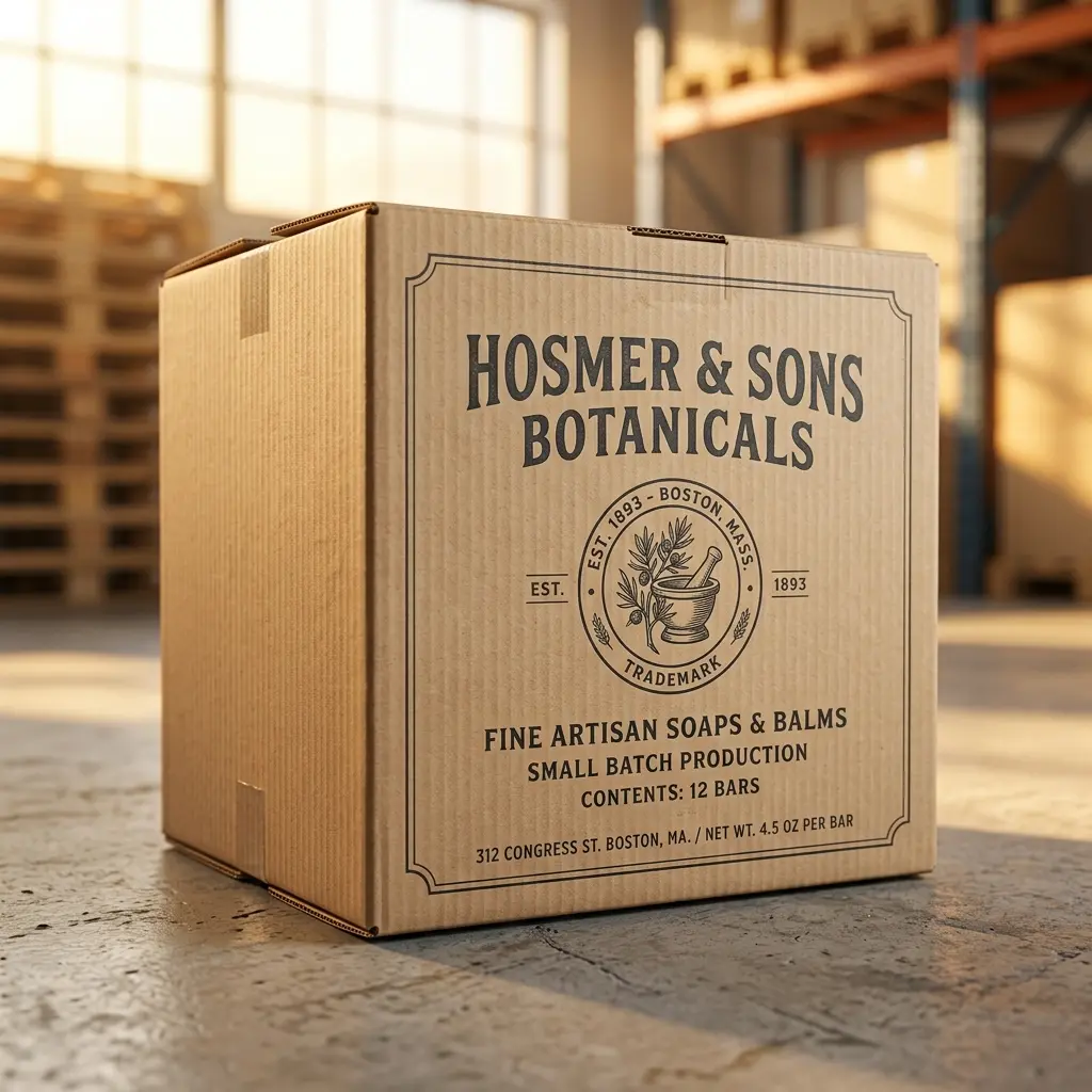 Vintage kraft cardboard packaging box for Hosmer & Sons Botanicals artisan soaps displayed in warm warehouse setting