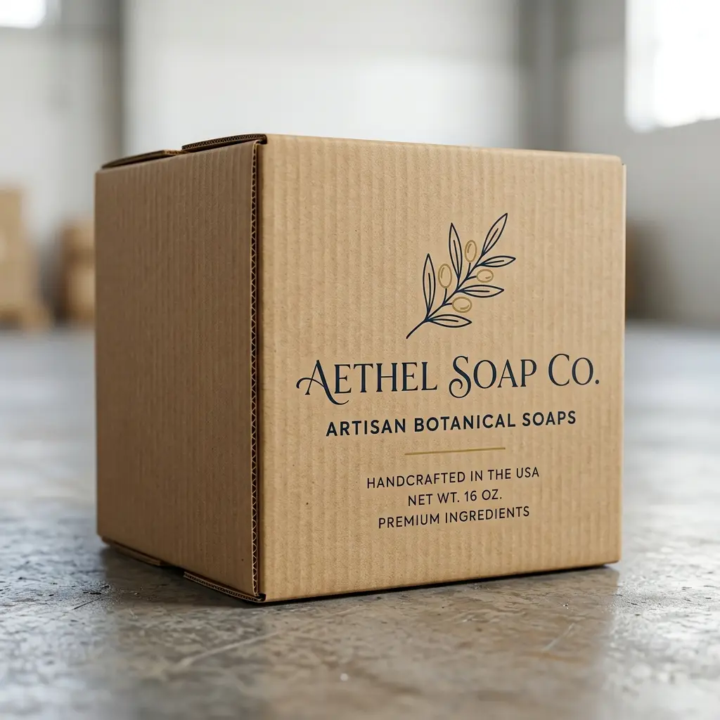 Kraft cardboard soap packaging box with botanical logo for Aethel Soap Co artisan soaps on marble countertop