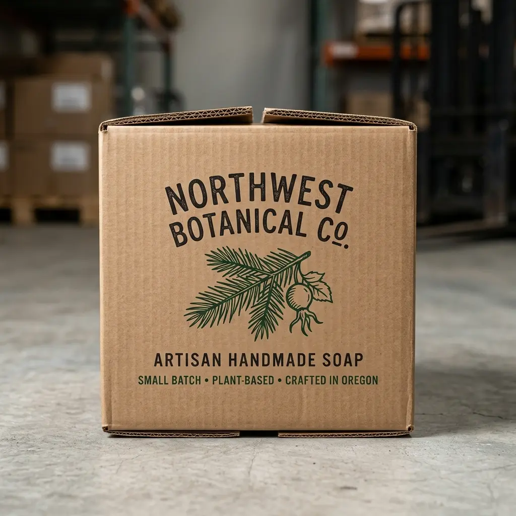 Kraft cardboard packaging box for Northwest Botanical Co. artisan handmade soap with botanical leaf design in warehouse setting