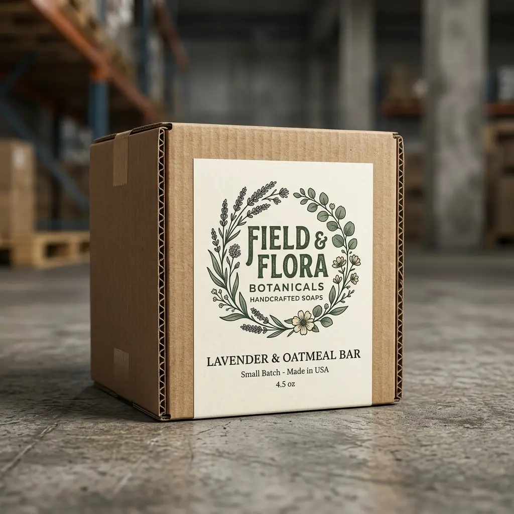 Lavender oatmeal soap bar in brown cardboard packaging box with Field & Flora Botanicals branding on warehouse floor
