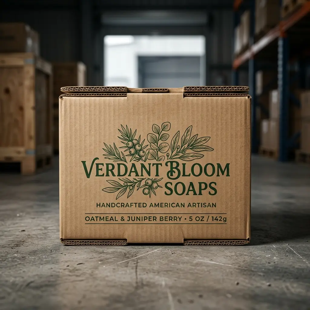 Verdant Bloom Soaps brown corrugated cardboard packaging box with green botanical logo in warehouse setting