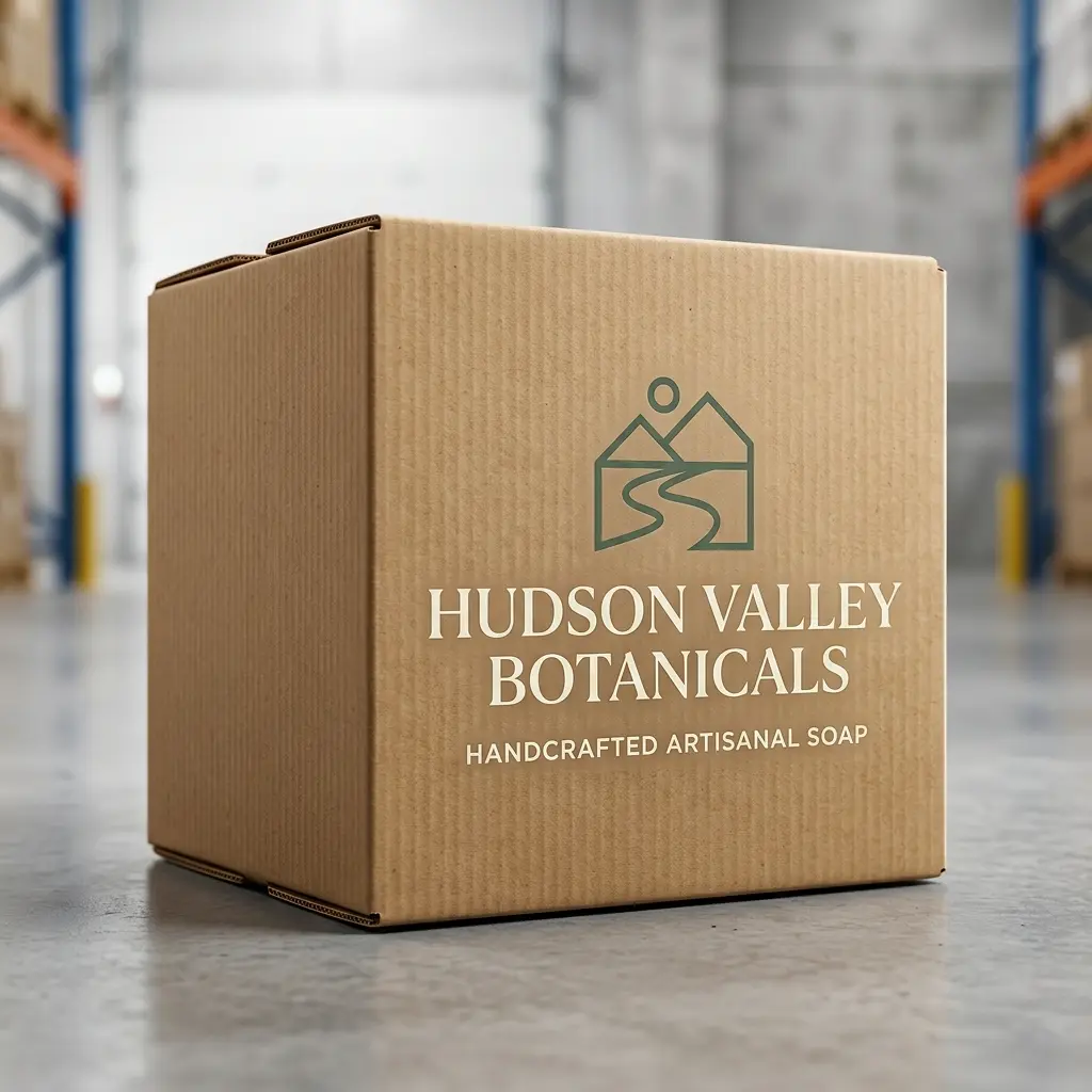 Hudson Valley Botanicals cardboard shipping box with green logo on brown kraft packaging in warehouse distribution center