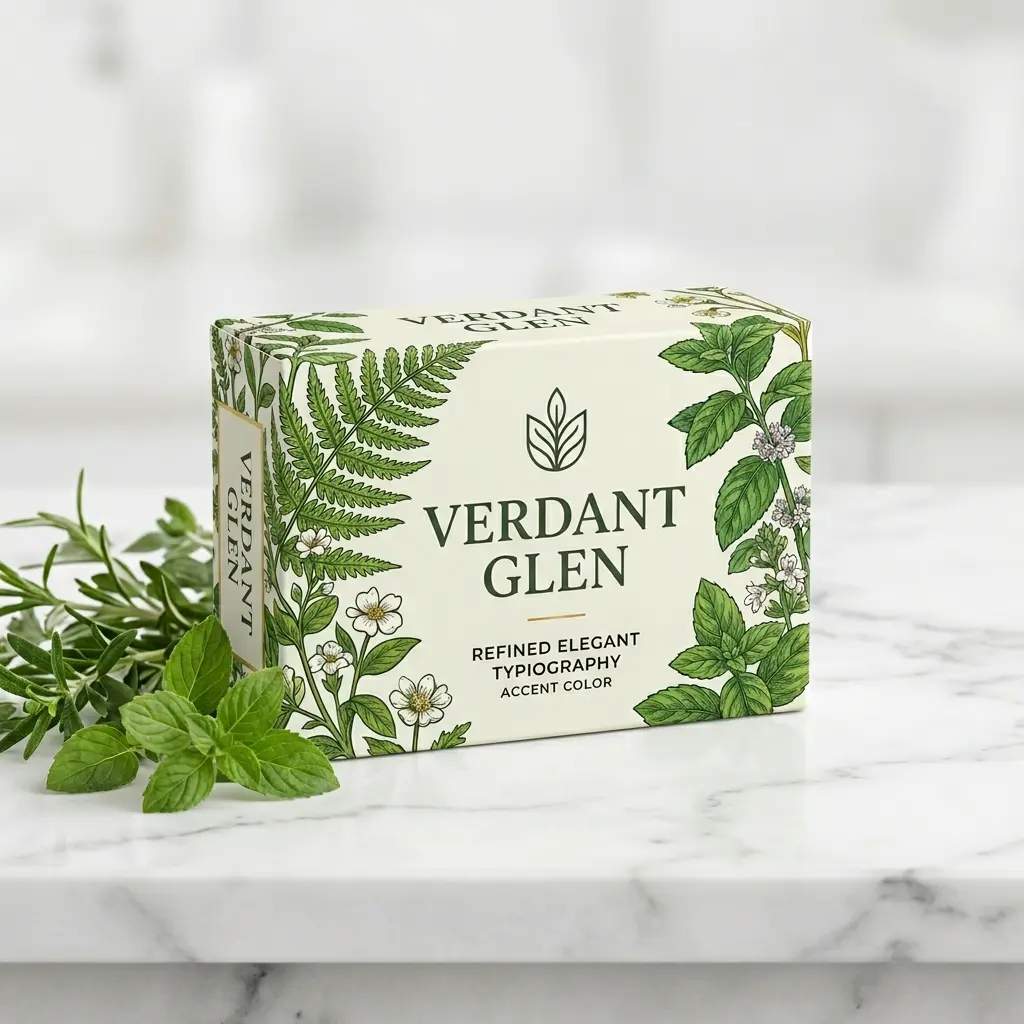 Verdant Glen botanical packaging box with green leaf illustrations on marble surface with fresh mint leaves