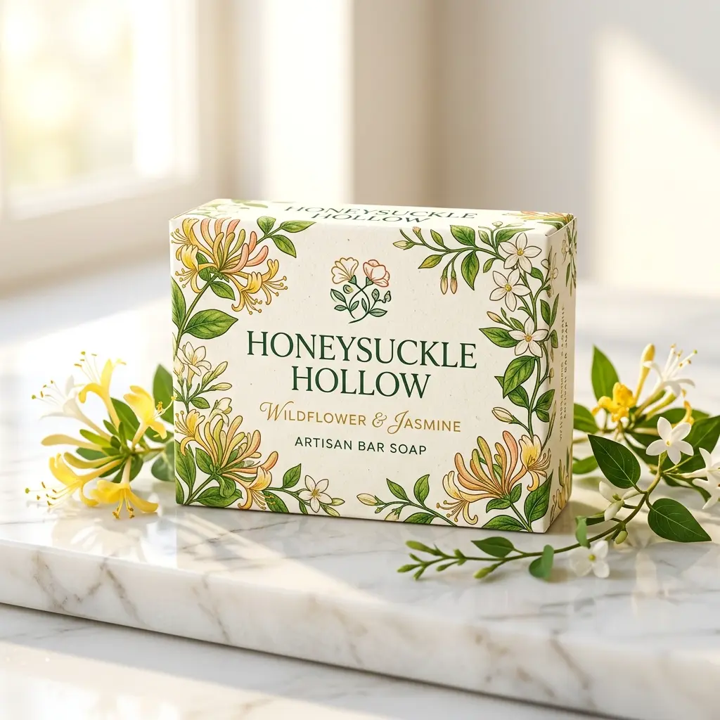 Honeysuckle Hollow wildflower jasmine artisan bar soap packaging with floral design on white marble surface with fresh flowers