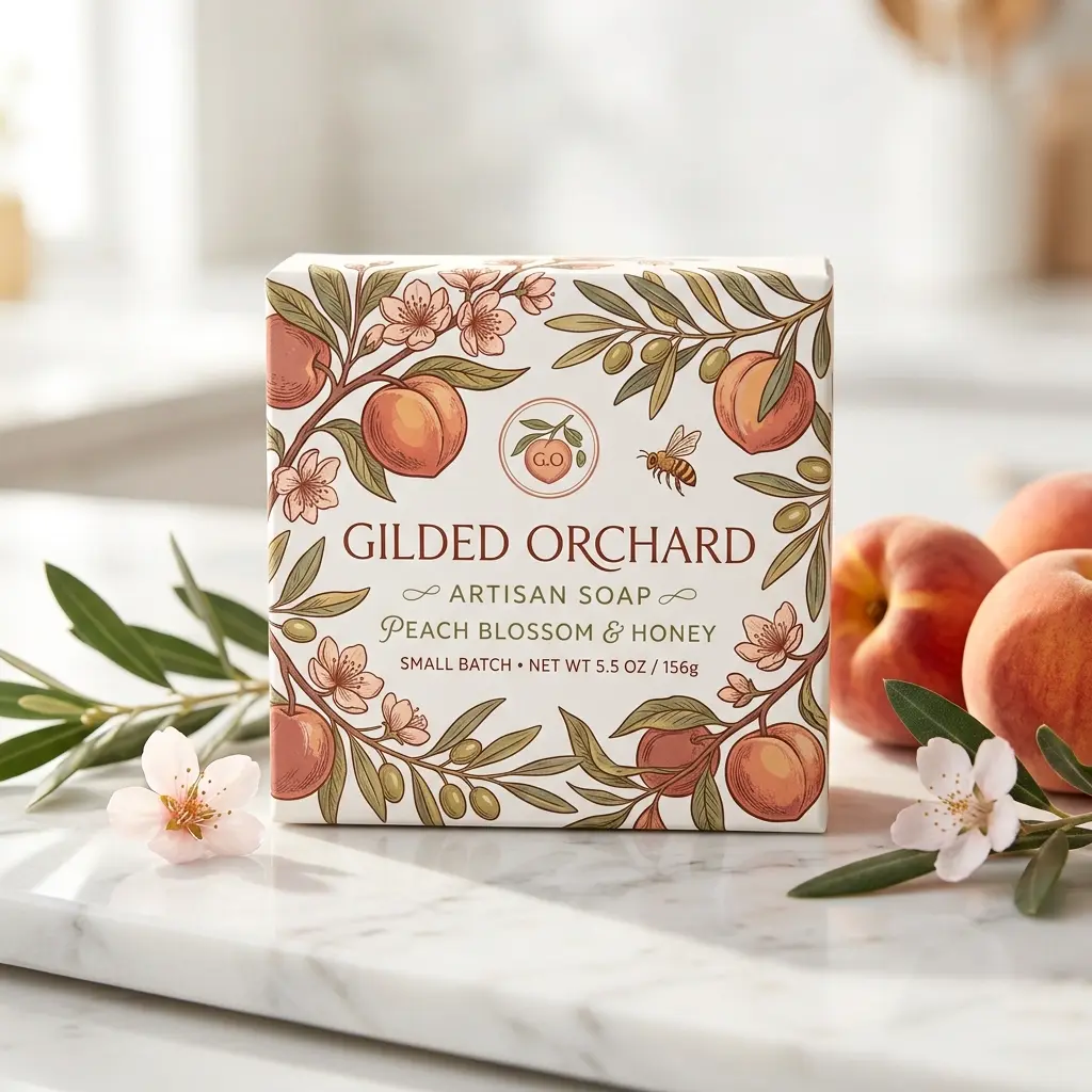 Gilded Orchard artisan soap packaging with peach blossom honey design, featuring botanical illustrations and peaches on marble surface