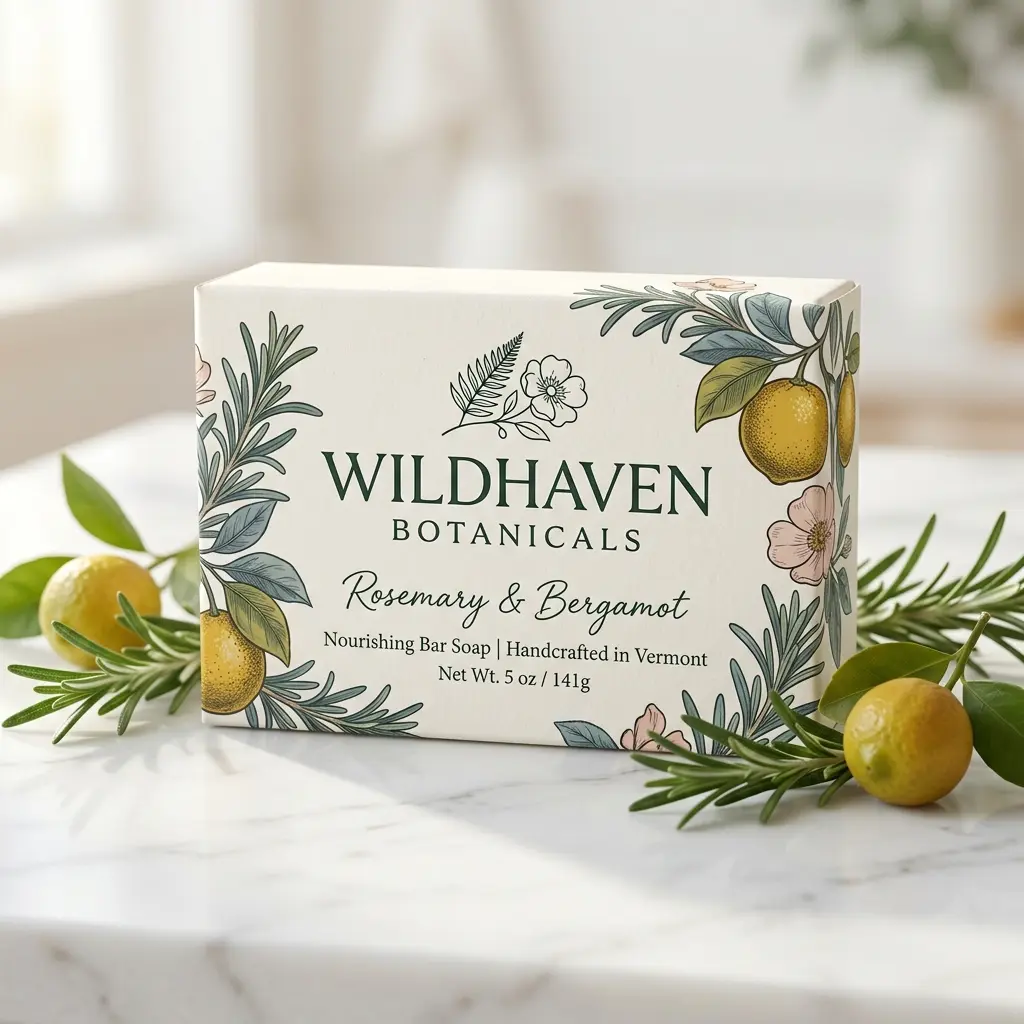 Wildhaven Botanicals rosemary bergamot soap box with botanical illustrations on white marble surface surrounded by fresh citrus and herbs