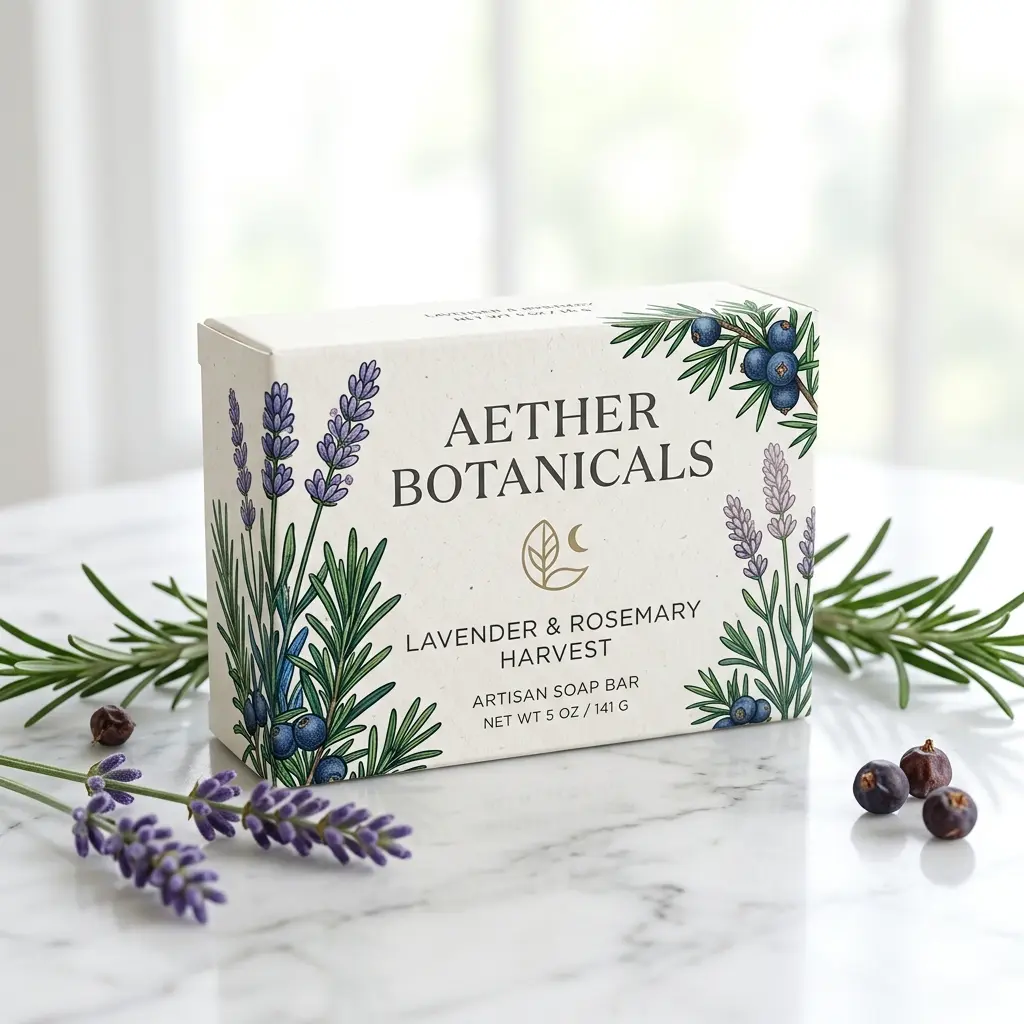 Aether Botanicals lavender rosemary artisan soap bar packaging with botanical illustrations on white marble surface surrounded by fresh lavender sp...