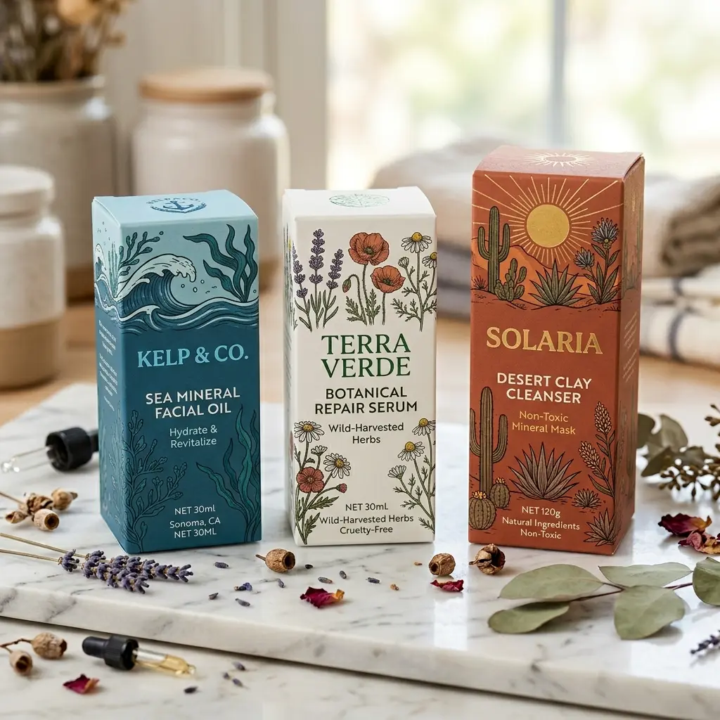 Three natural skincare product boxes on marble surface - blue kelp facial oil, white botanical repair serum, orange desert clay cleanser with dried...