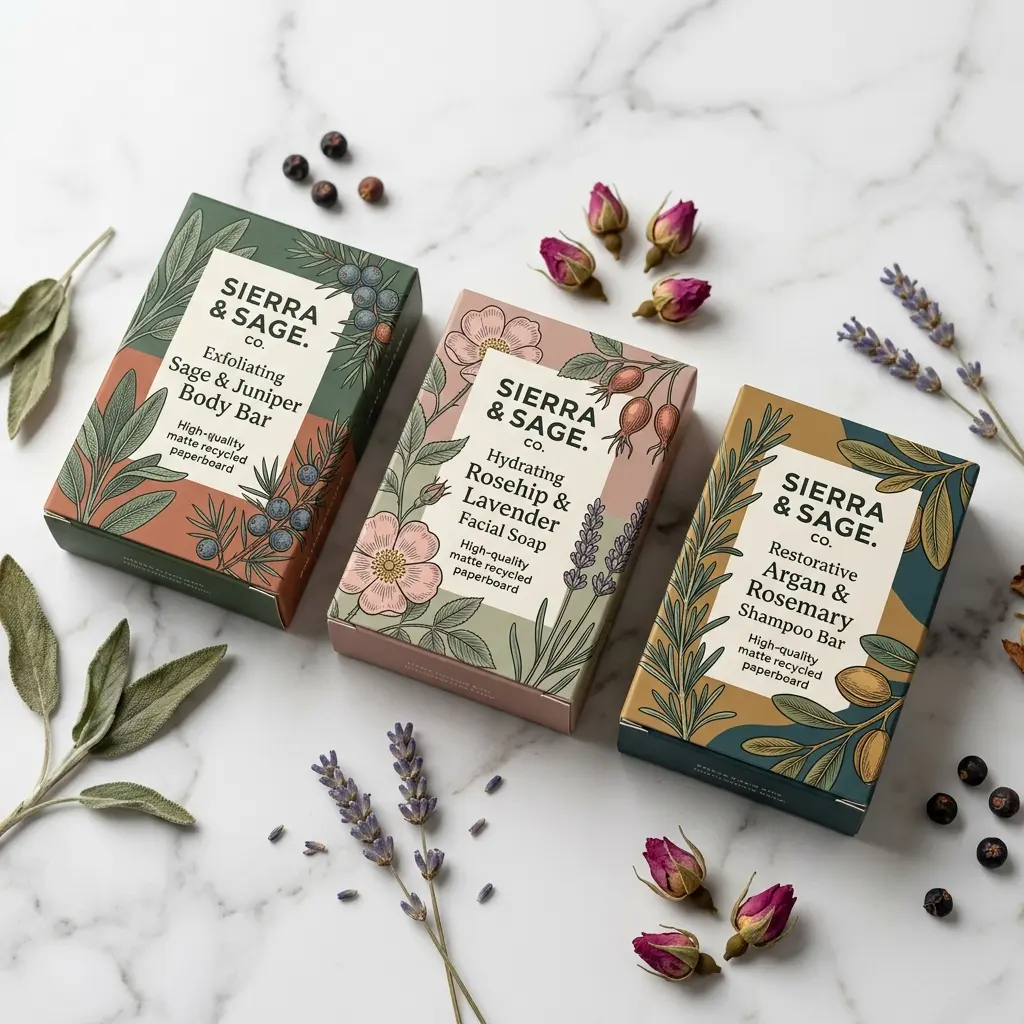 Three Sierra & Sage Co. natural skincare product boxes with botanical packaging design surrounded by dried lavender, rose buds, sage leaves and jun...
