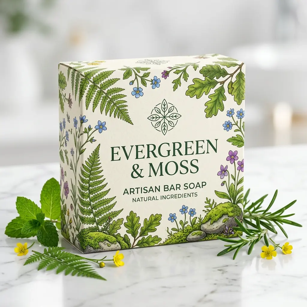 Evergreen & Moss artisan bar soap packaging box with botanical illustrations surrounded by fresh herbs and yellow flowers on marble surface