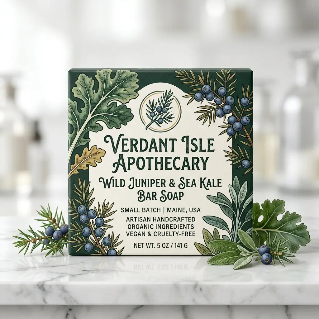 Verdant Isle Apothecary Wild Juniper Sea Kale Bar Soap package with botanical illustrations on marble surface