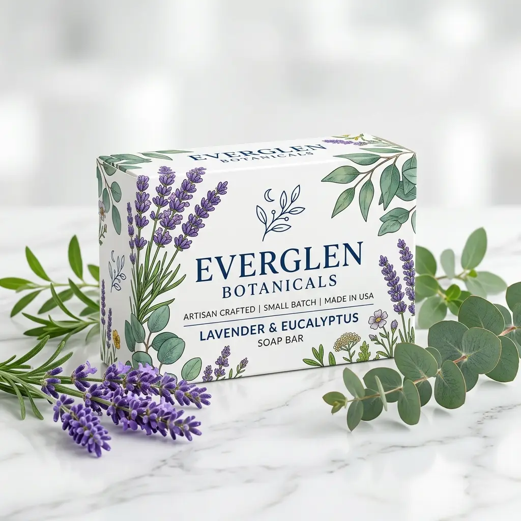 Lavender eucalyptus soap bar packaging box surrounded by fresh purple lavender sprigs and green eucalyptus leaves on marble surface