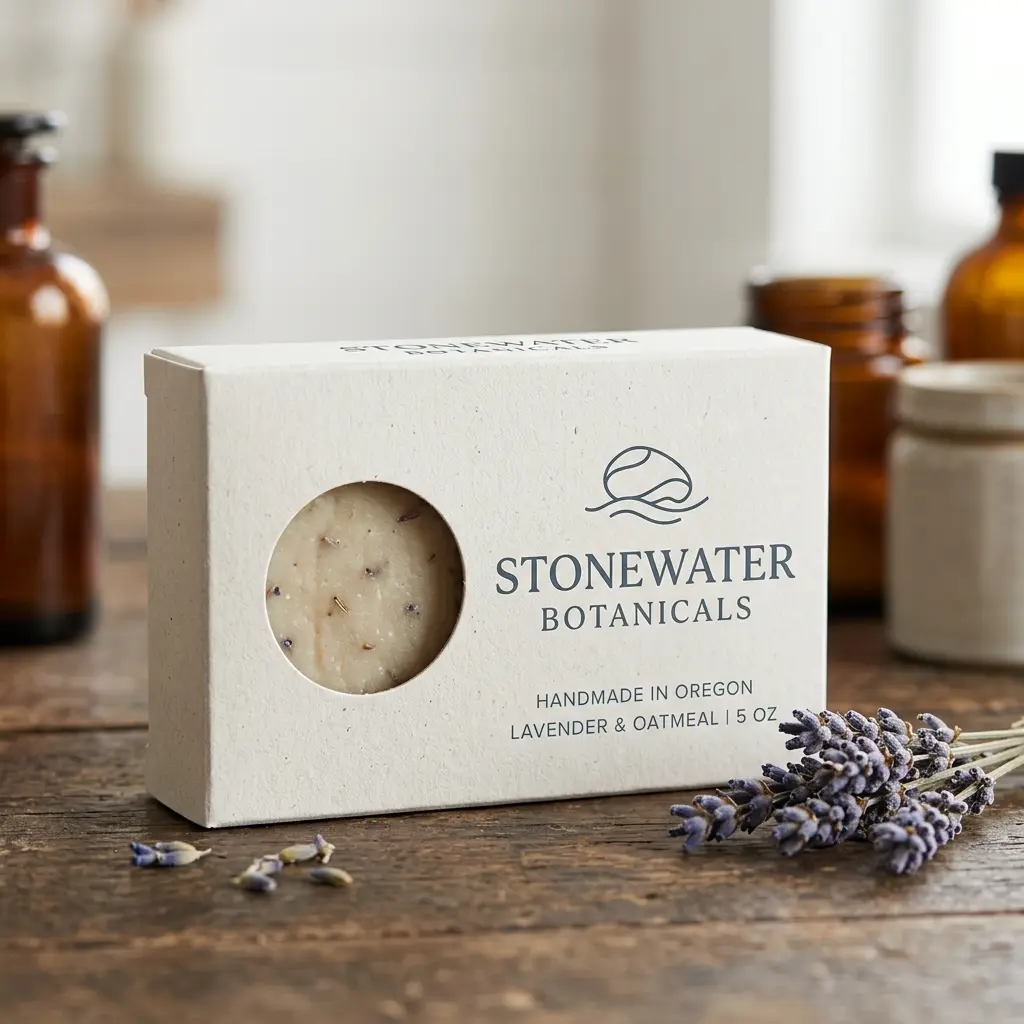 Stonewater Botanicals lavender oatmeal soap bar in white cardboard packaging on rustic wooden surface with dried lavender sprigs