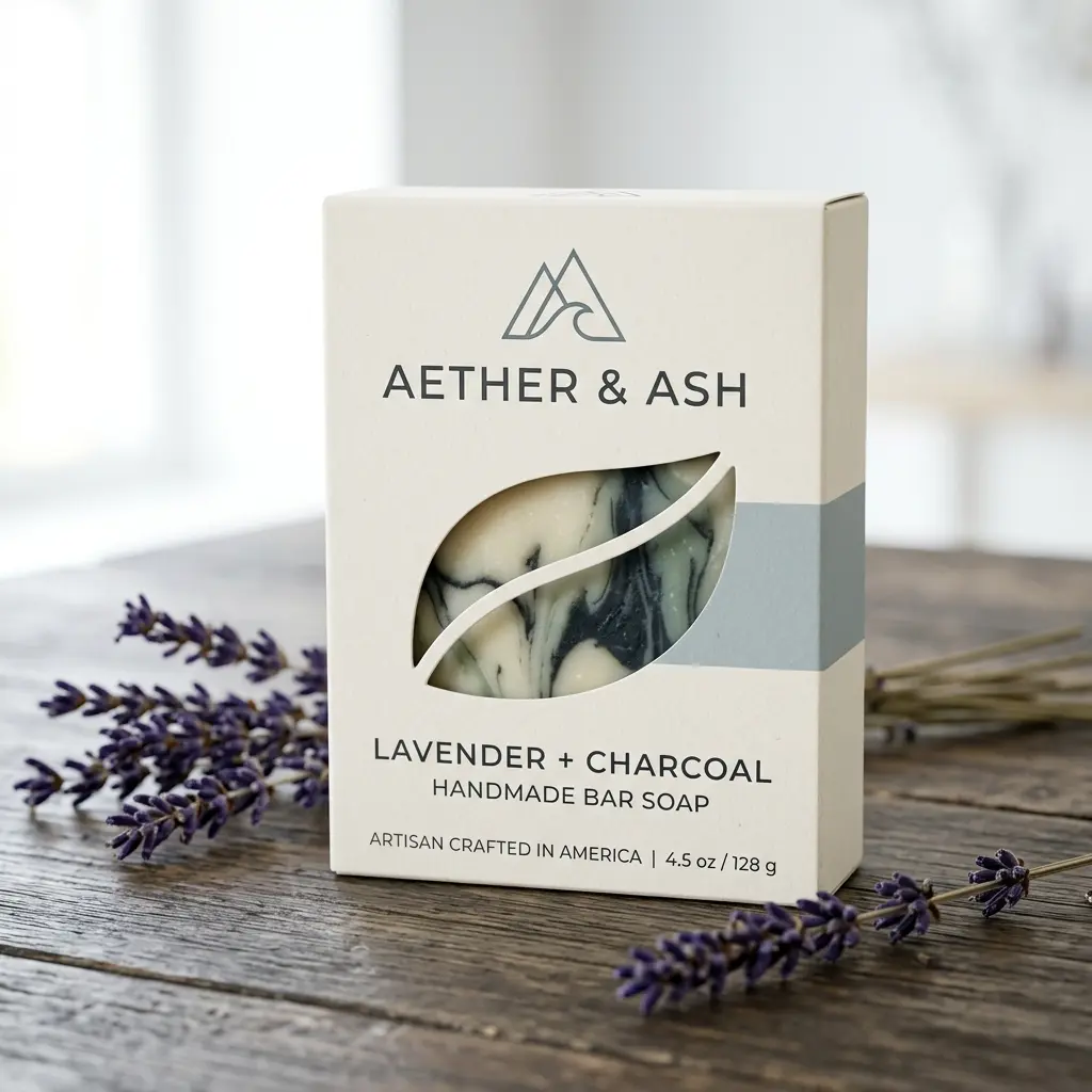 Aether & Ash lavender charcoal handmade bar soap in white packaging box with purple lavender sprigs on rustic wood surface