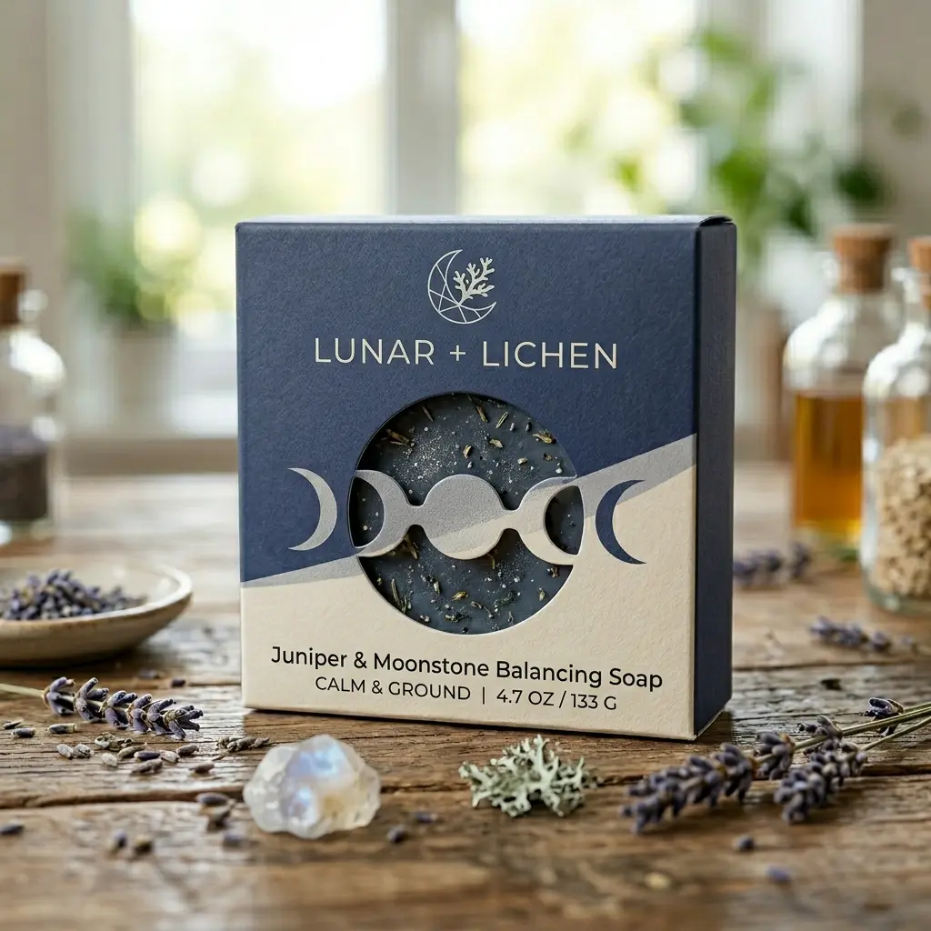 Lunar + Lichen Juniper Moonstone Balancing Soap box on rustic wood with lavender sprigs, crystals and glass bottles
