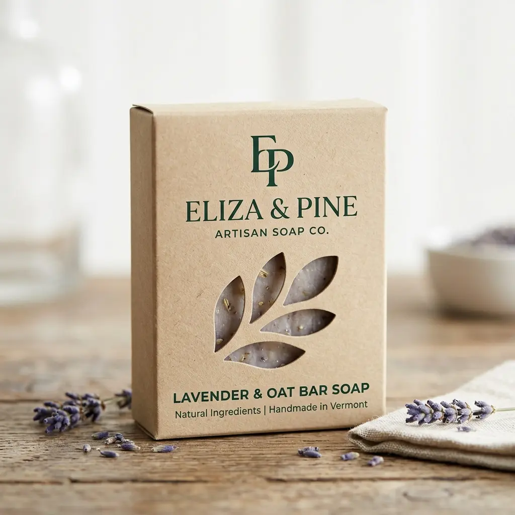 Eliza & Pine artisan lavender oat bar soap packaging box on rustic wooden surface with dried lavender sprigs and natural beige background