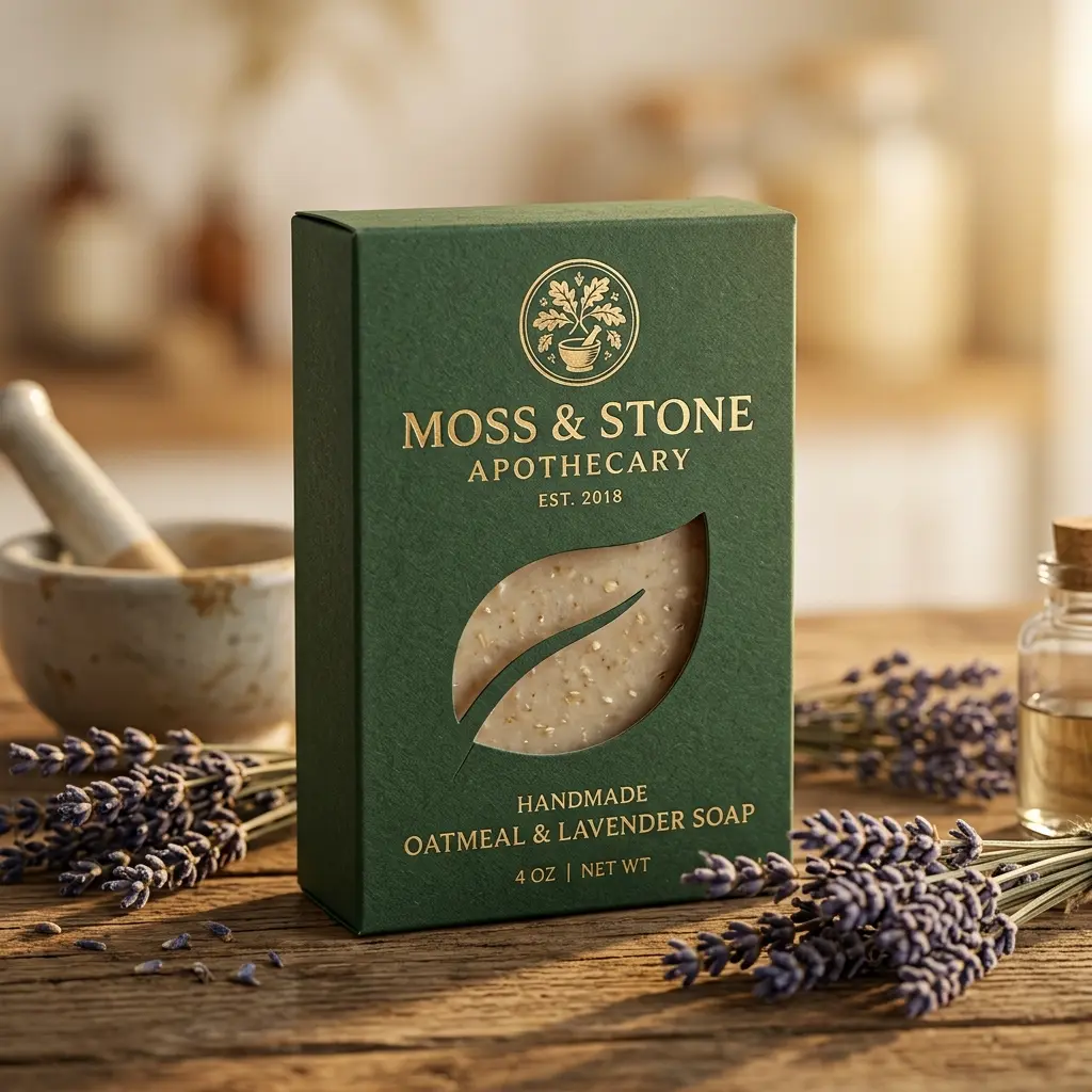 Green Moss & Stone Apothecary handmade oatmeal lavender soap box with dried lavender sprigs on rustic wooden surface