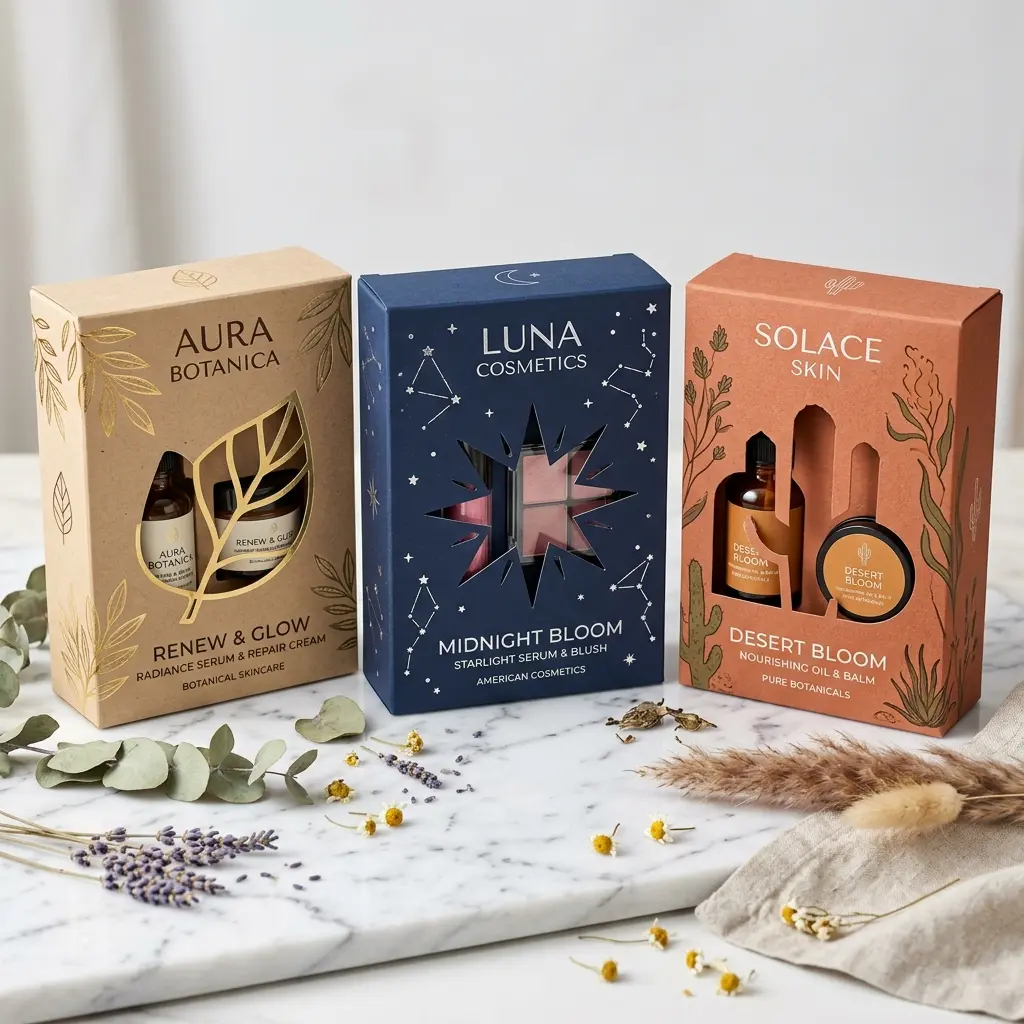 Three botanical cosmetic gift sets on marble surface with dried flowers - Aura Botanica, Luna Cosmetics, and Solace Skin packaging design
