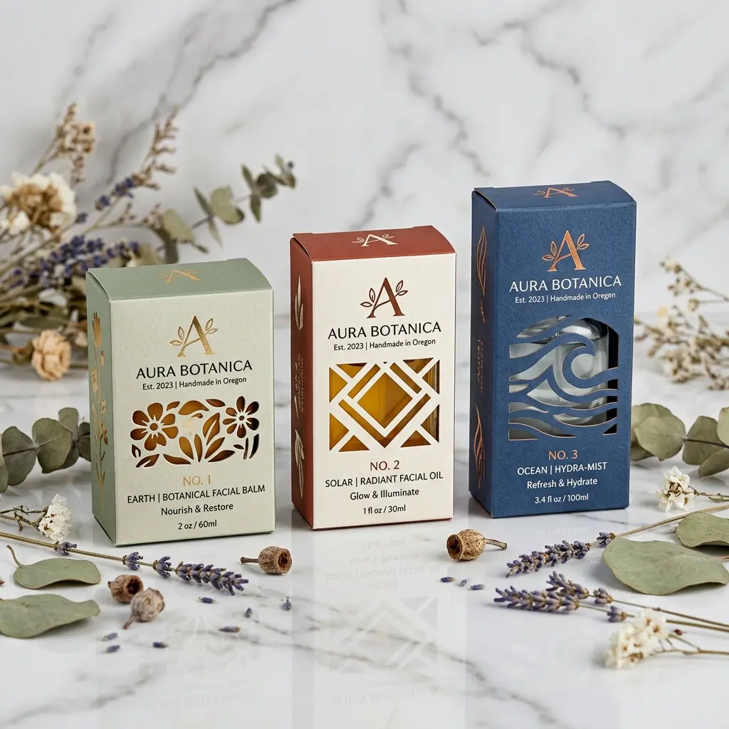Three Aura Botanica skincare product boxes in sage green, terracotta red, and navy blue arranged on white marble with dried lavender and eucalyptus...