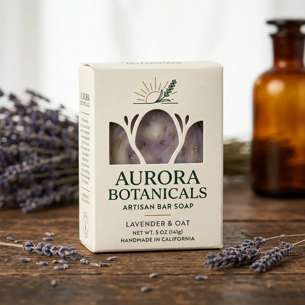 Aurora Botanicals lavender oat artisan bar soap in cream packaging on rustic wood surface with dried lavender sprigs and amber bottle