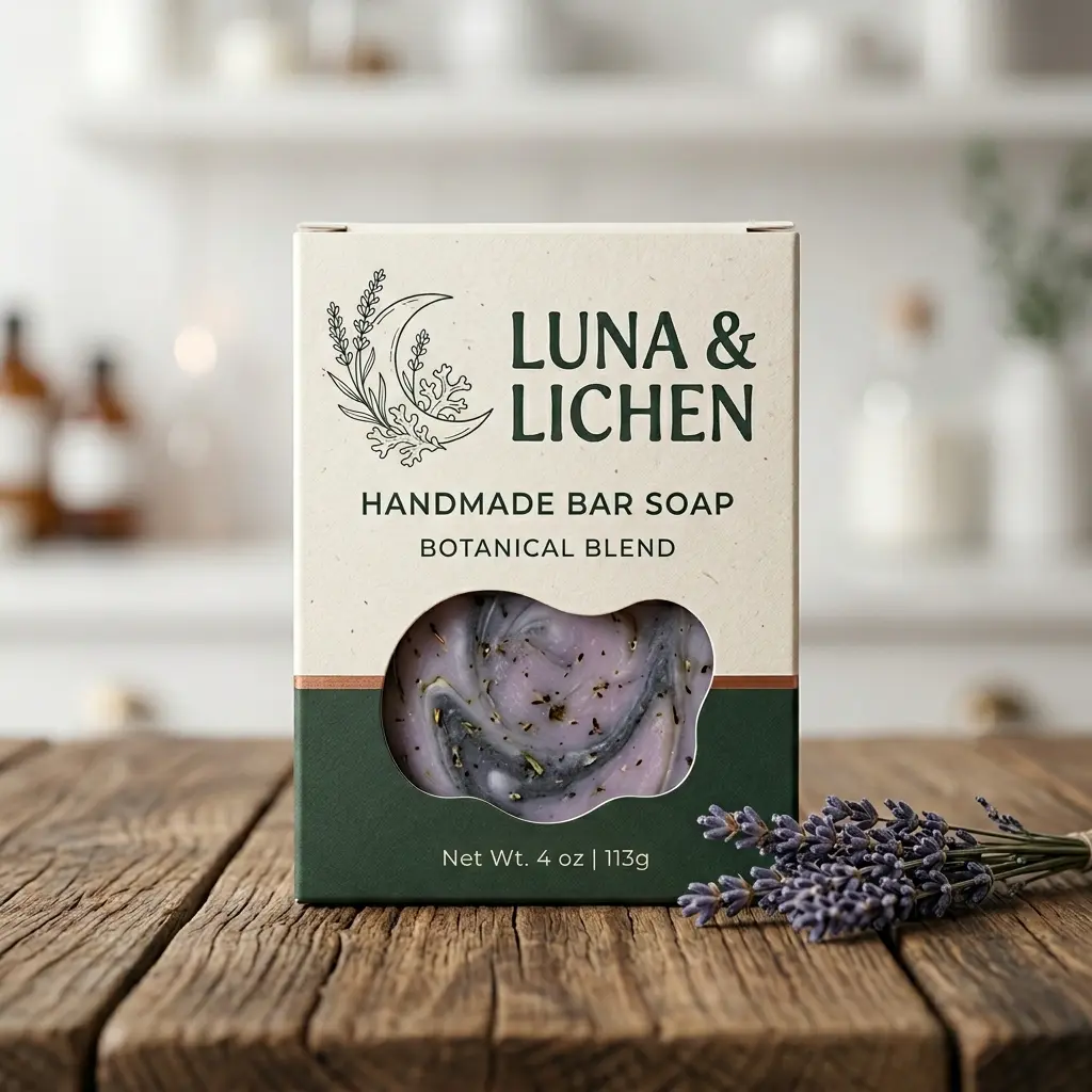 Luna & Lichen handmade botanical bar soap in cream and green packaging with purple lavender soap visible, displayed on rustic wood