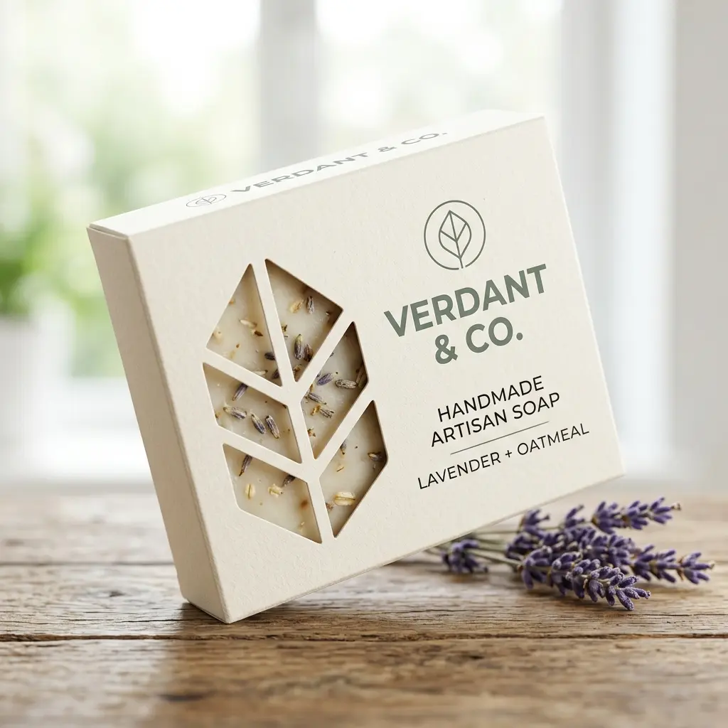 Handmade lavender oatmeal artisan soap in eco-friendly white packaging box with leaf cutout window on rustic wood surface