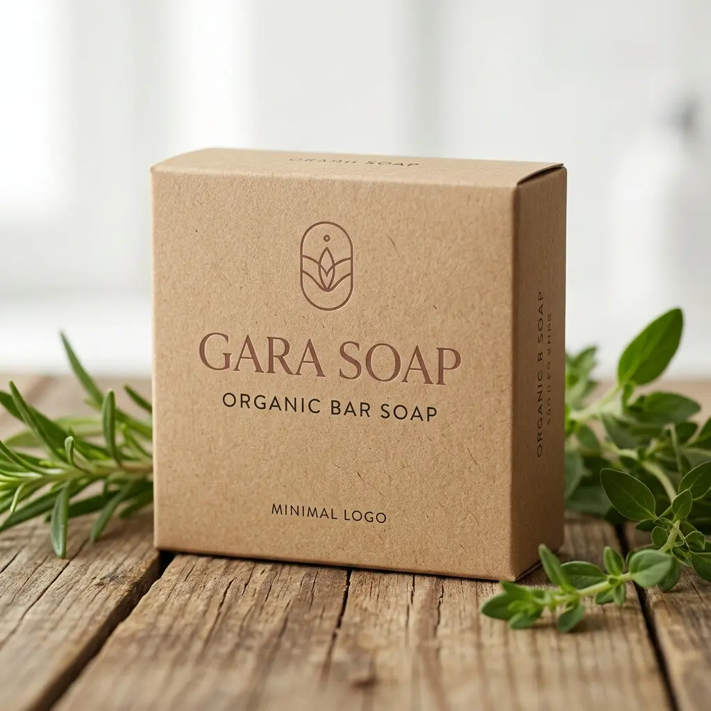Kraft cardboard soap packaging box with Gara Soap branding on rustic wooden surface surrounded by fresh green herbs