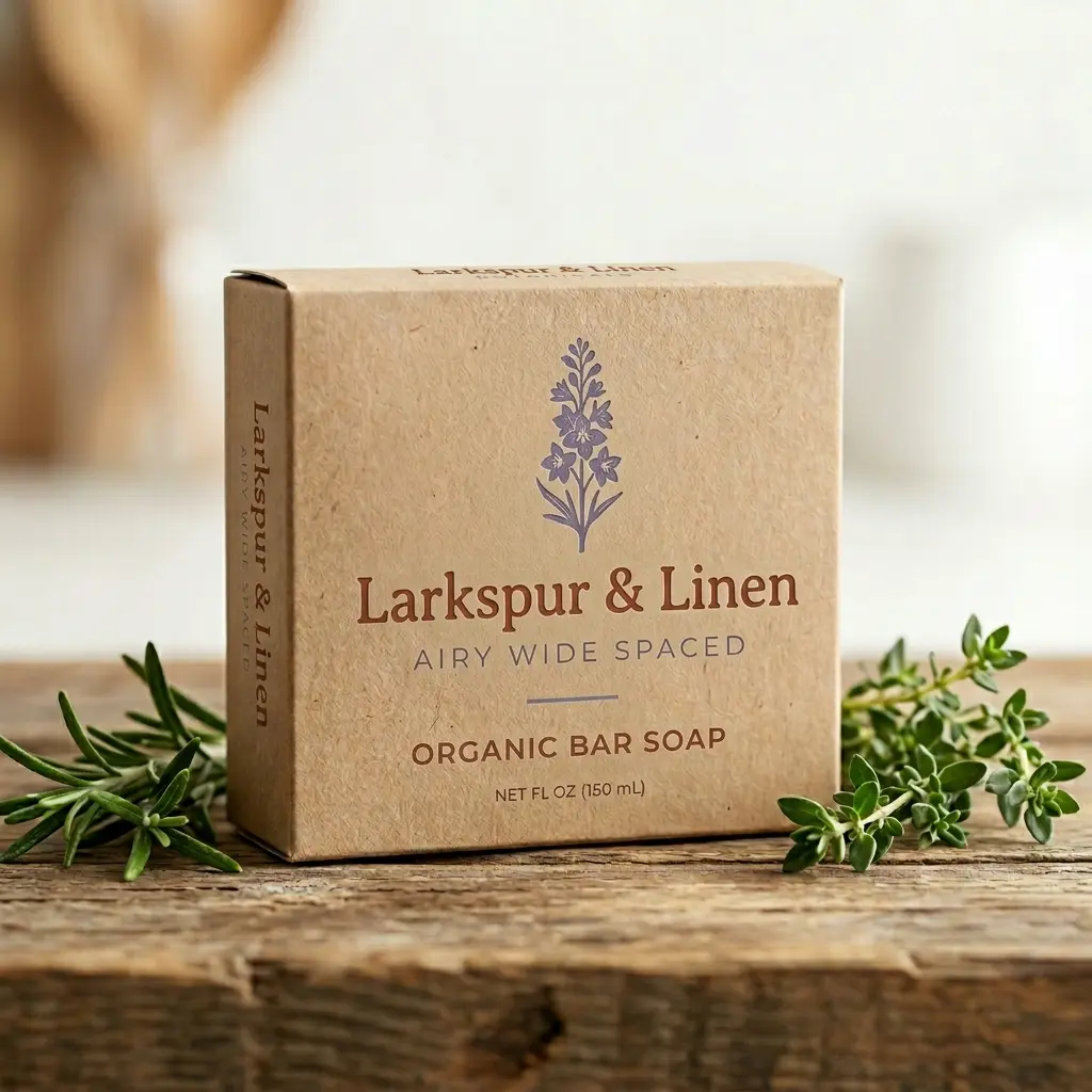 Organic Larkspur & Linen bar soap packaging on rustic wooden surface with fresh green herbs in natural lighting