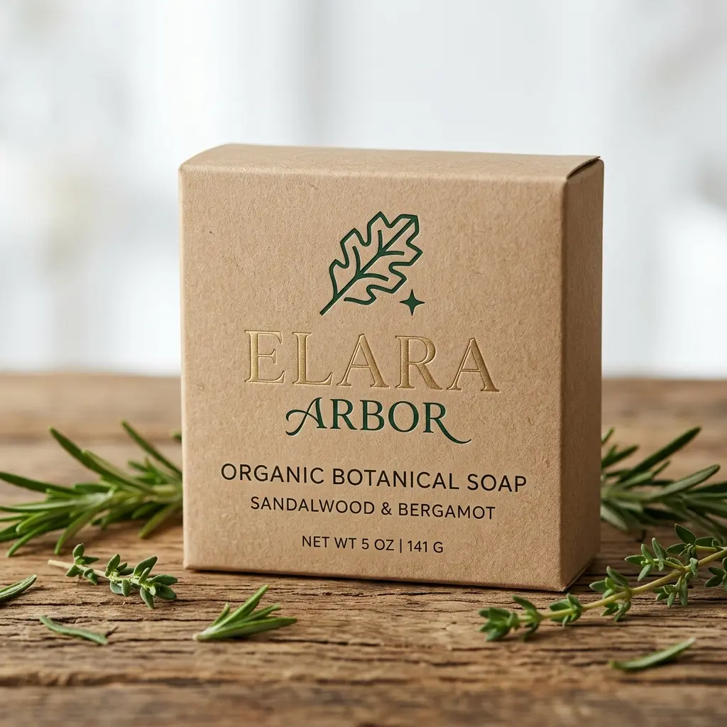 Kraft brown eco-friendly packaging box for Elara Arbor organic botanical soap with green leaf logo on rustic wooden surface with herbs